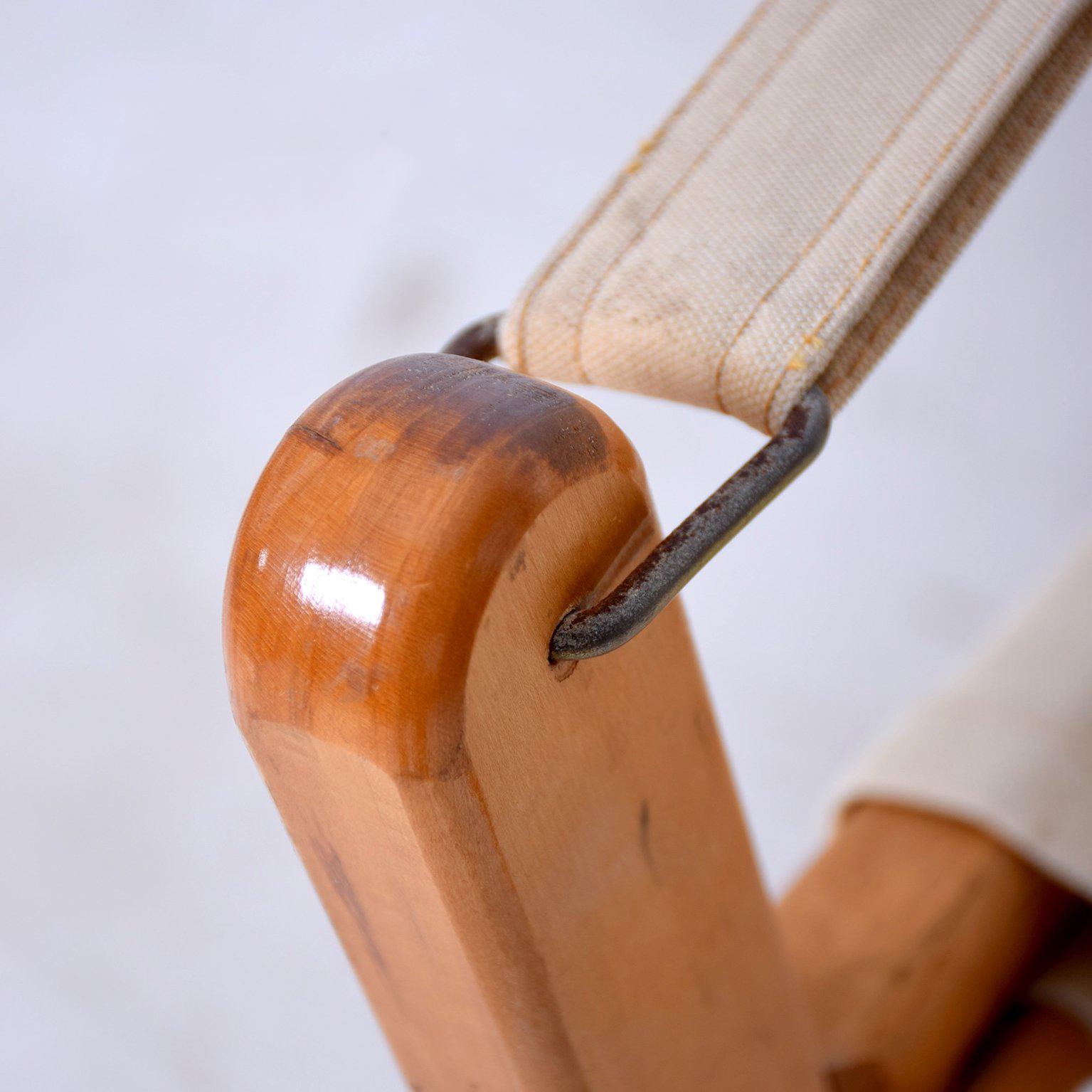 Late 20th Century Mid-Century Modern Safari Chair Rocker Solid Maple Canvas Gold Metal Folding Co