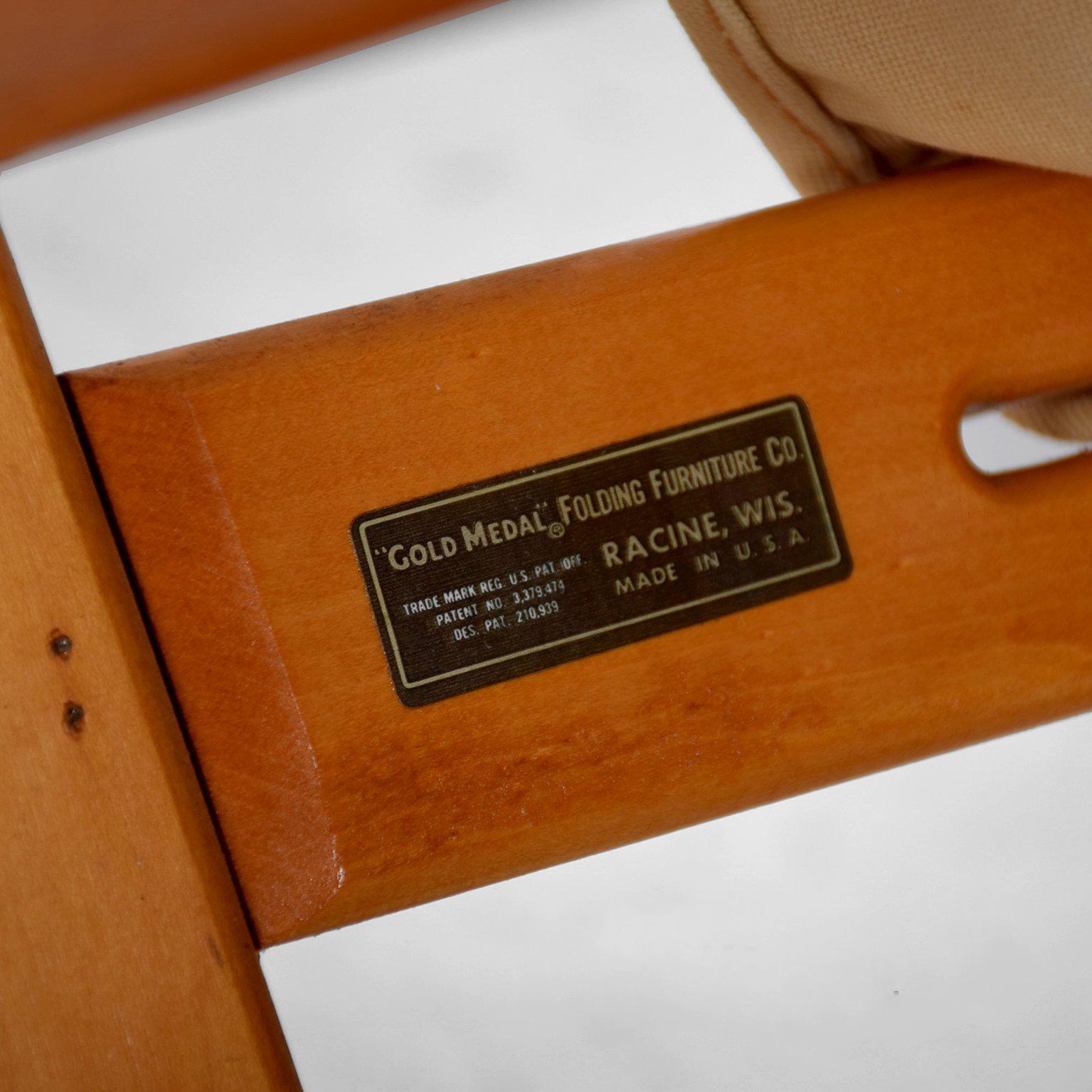 Mid-Century Modern Safari Chair Rocker Solid Maple Canvas Gold Metal Folding Co 1