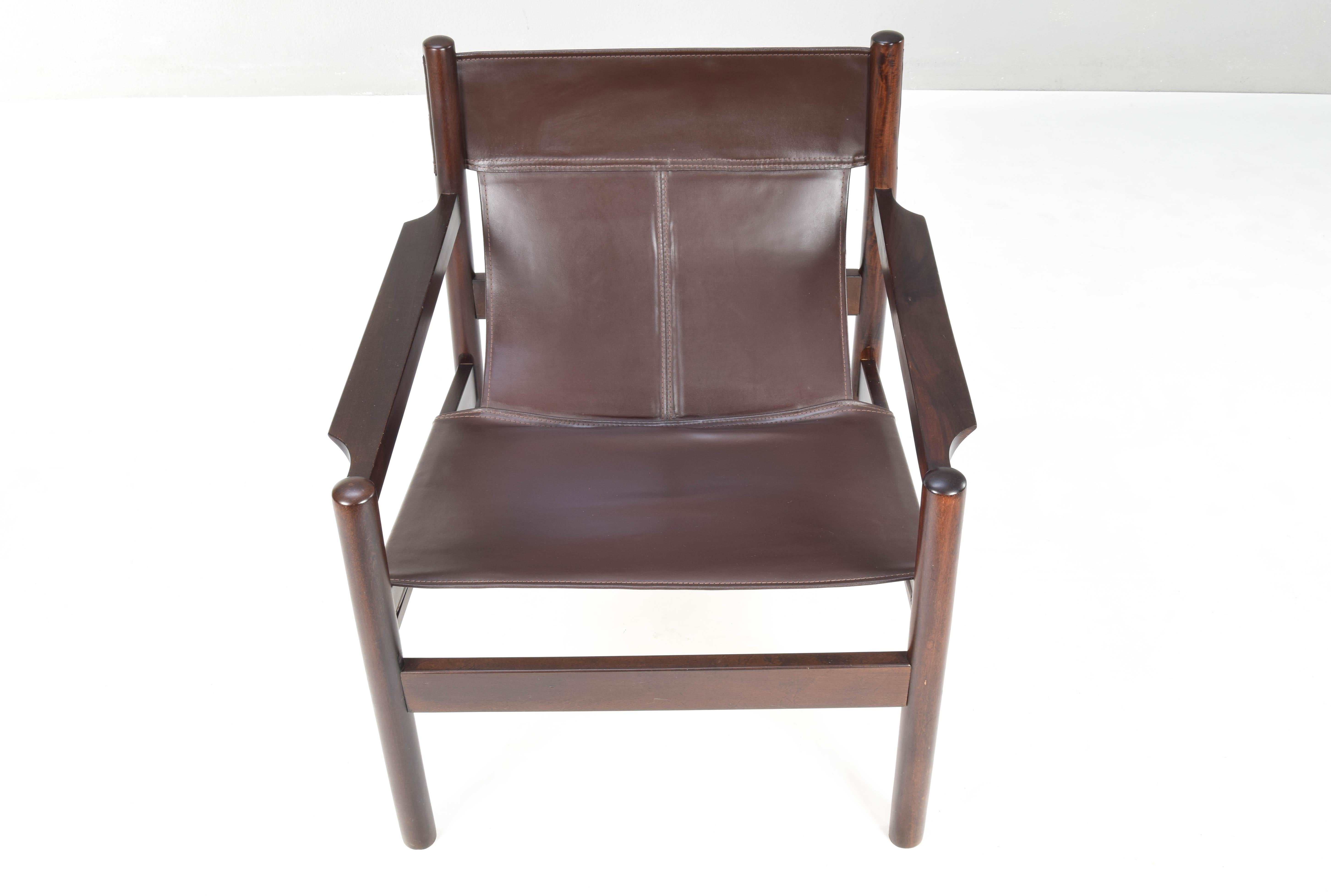 Mid-Century Modern Safari Leather and Wood Roxinho Armchair by Michel Arnoult 4