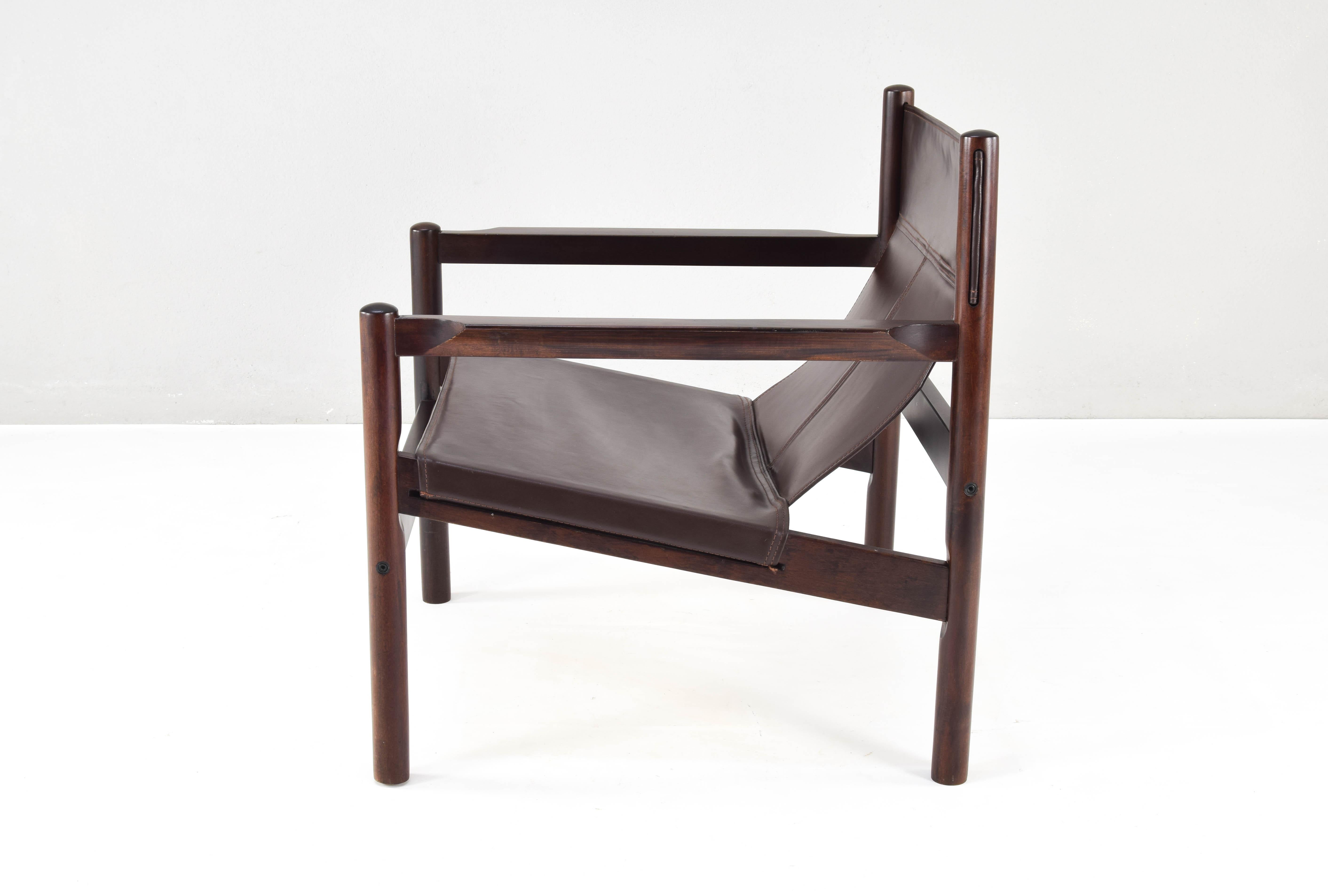 Argentine Mid-Century Modern Safari Leather and Wood Roxinho Armchair by Michel Arnoult