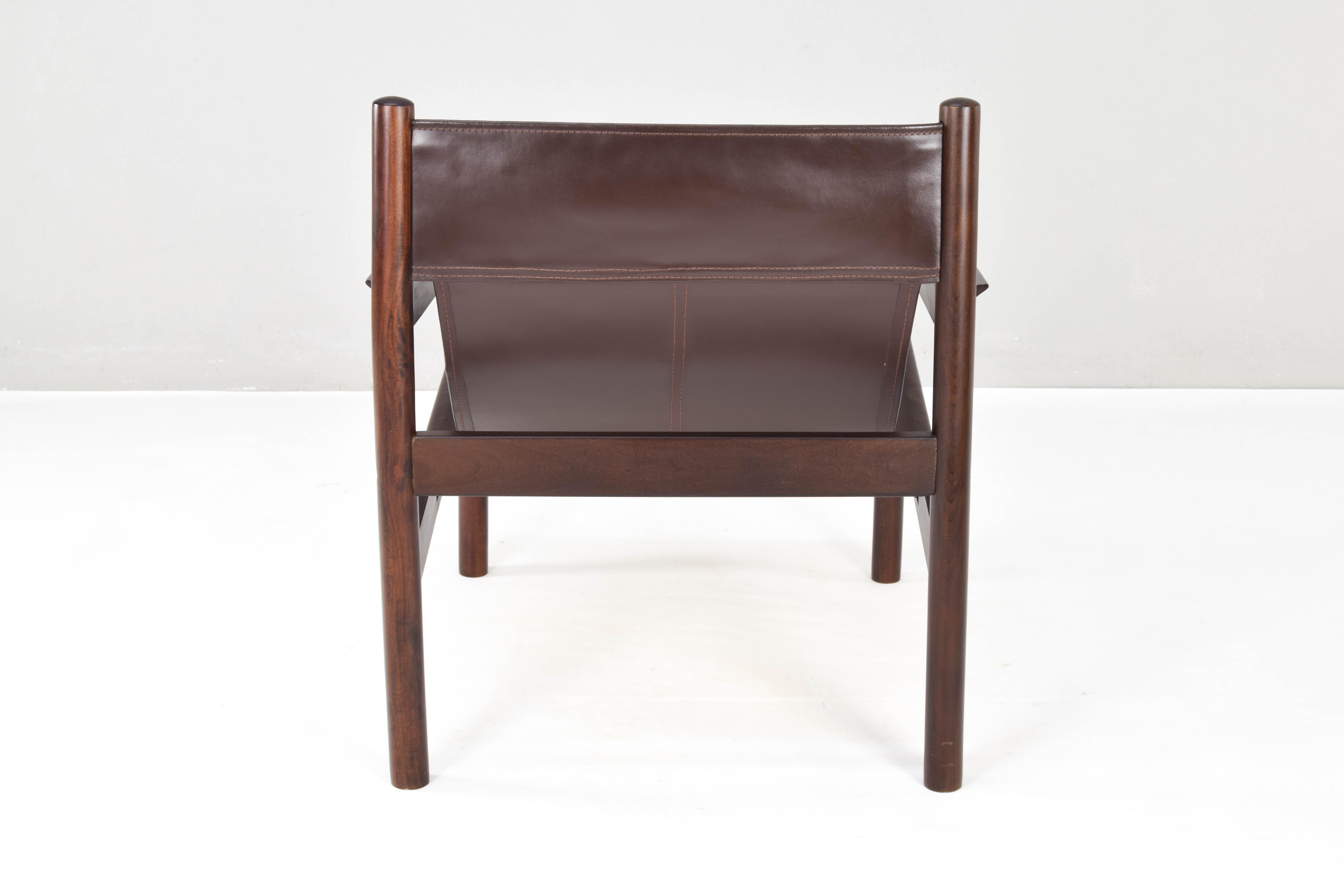 20th Century Mid-Century Modern Safari Leather and Wood Roxinho Armchair by Michel Arnoult