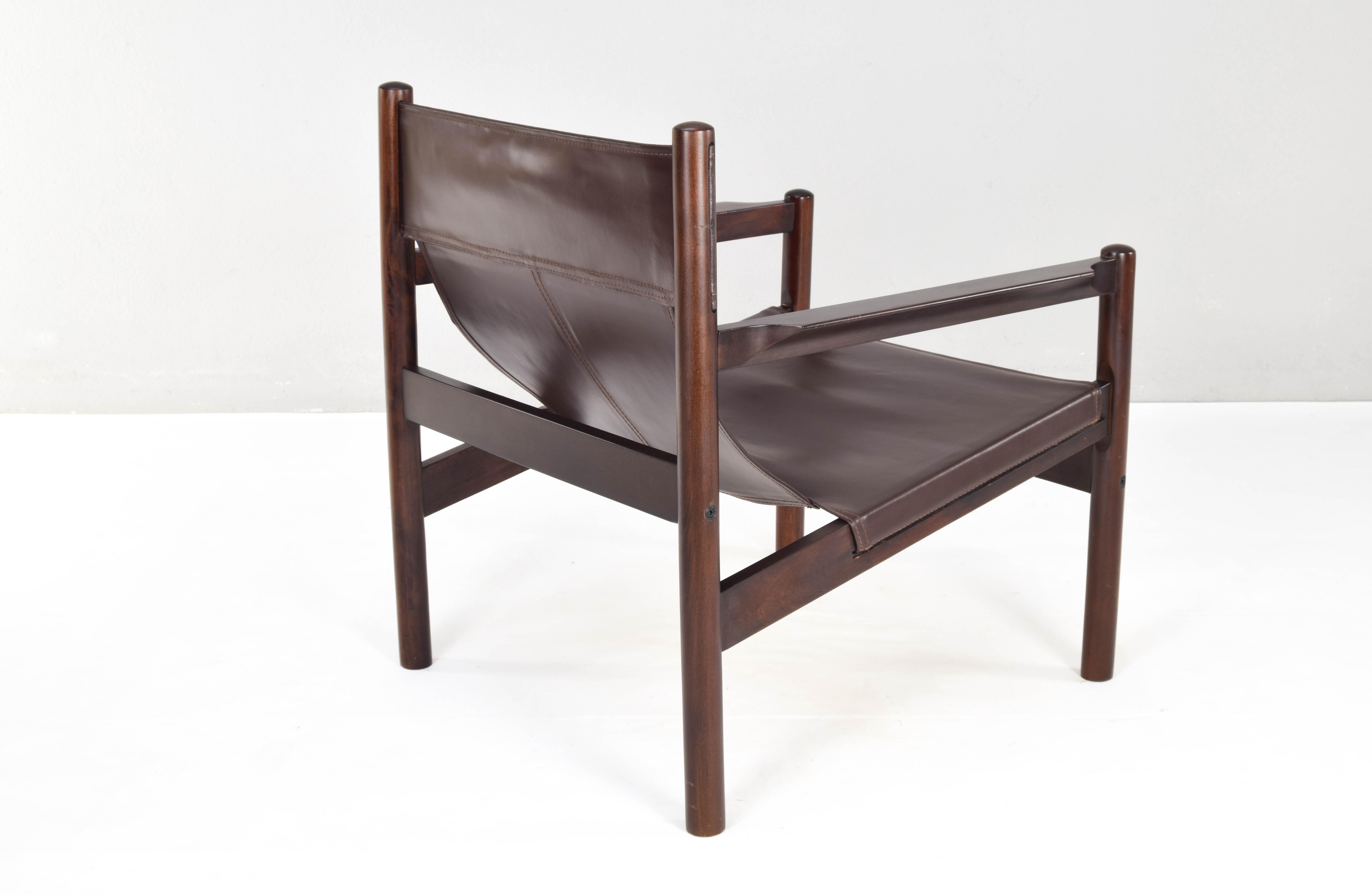 Mid-Century Modern Safari Leather and Wood Roxinho Armchair by Michel Arnoult 1