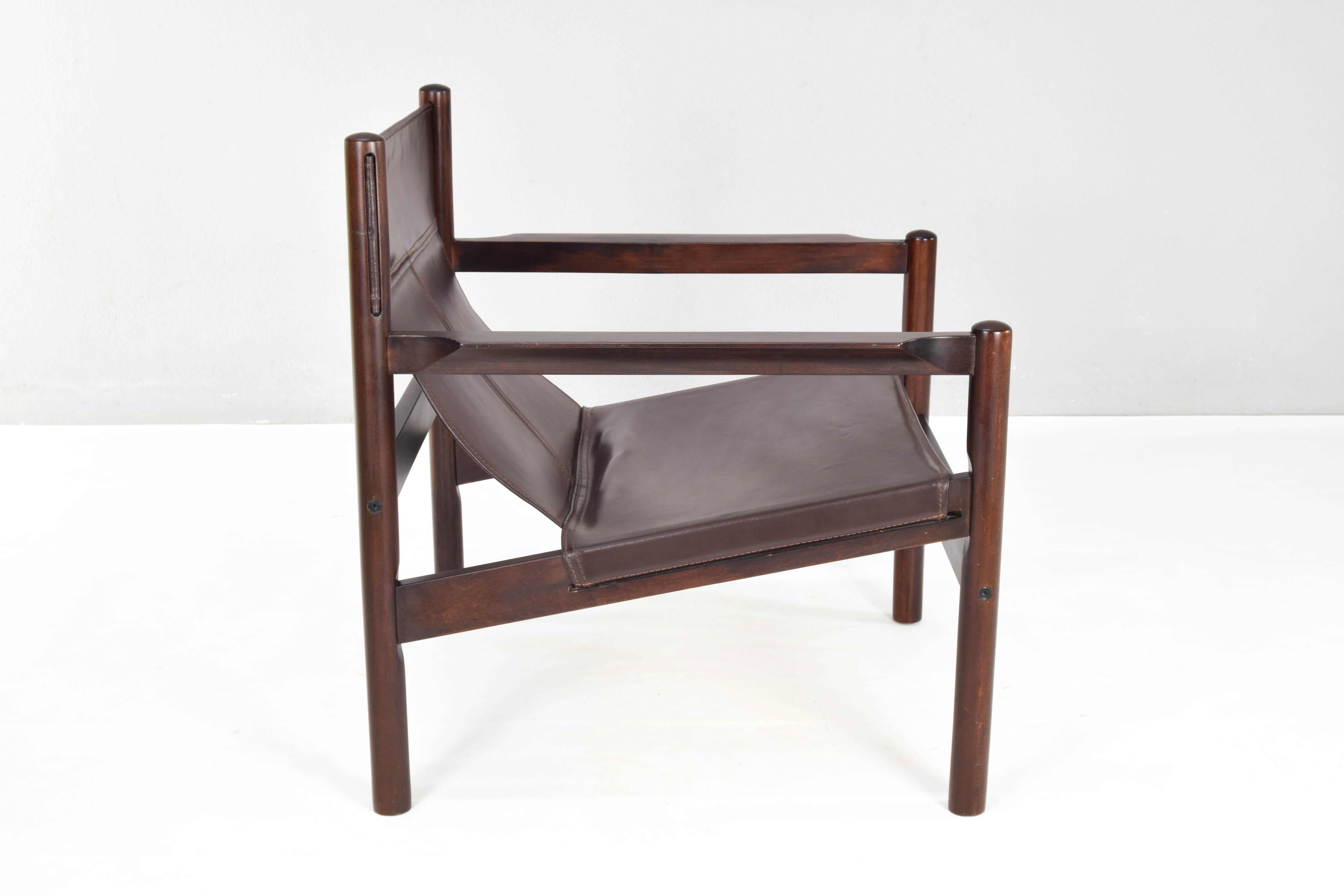 Mid-Century Modern Safari Leather and Wood Roxinho Armchair by Michel Arnoult 2