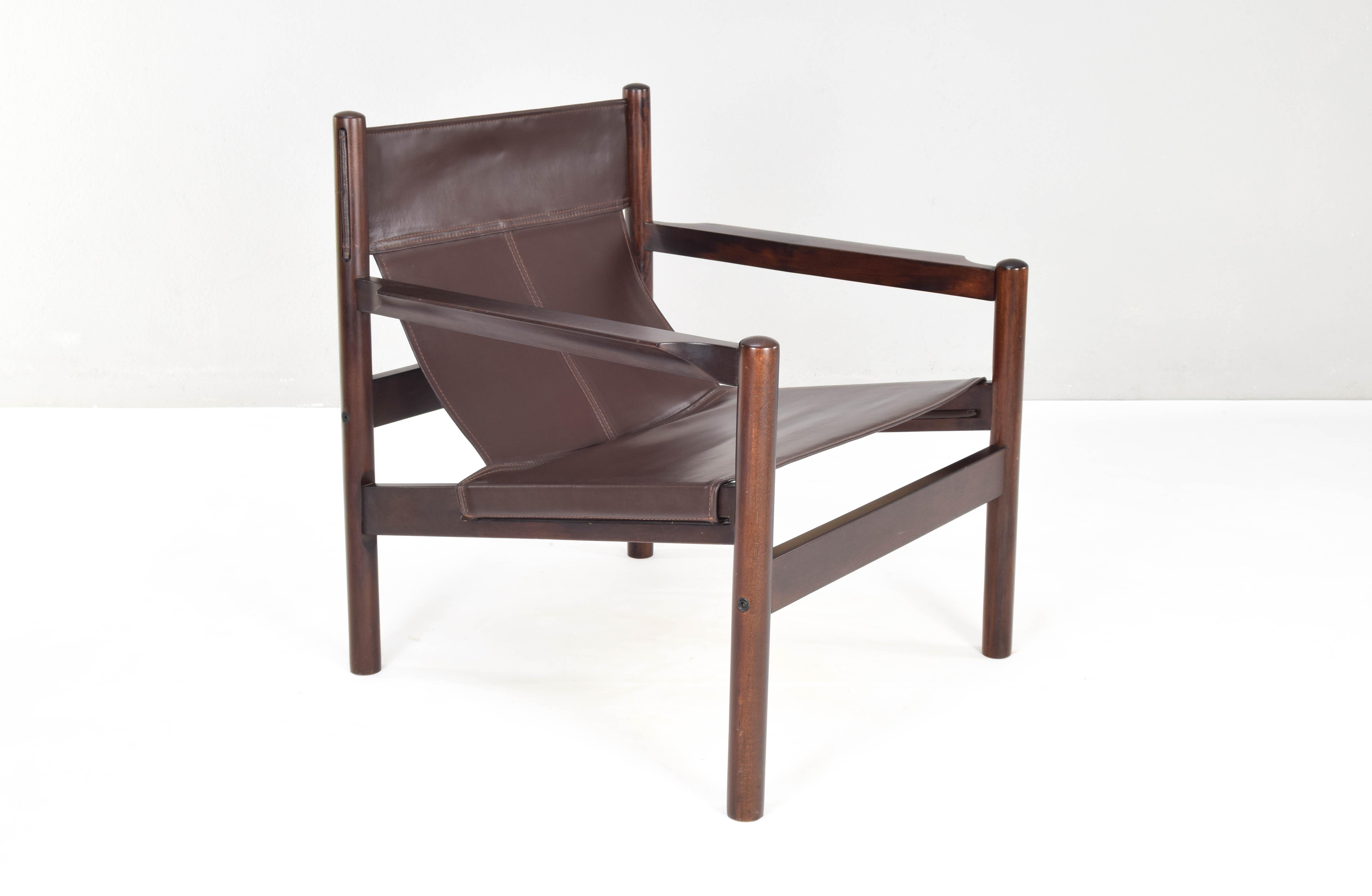 Mid-Century Modern Safari Leather and Wood Roxinho Armchair by Michel Arnoult 3