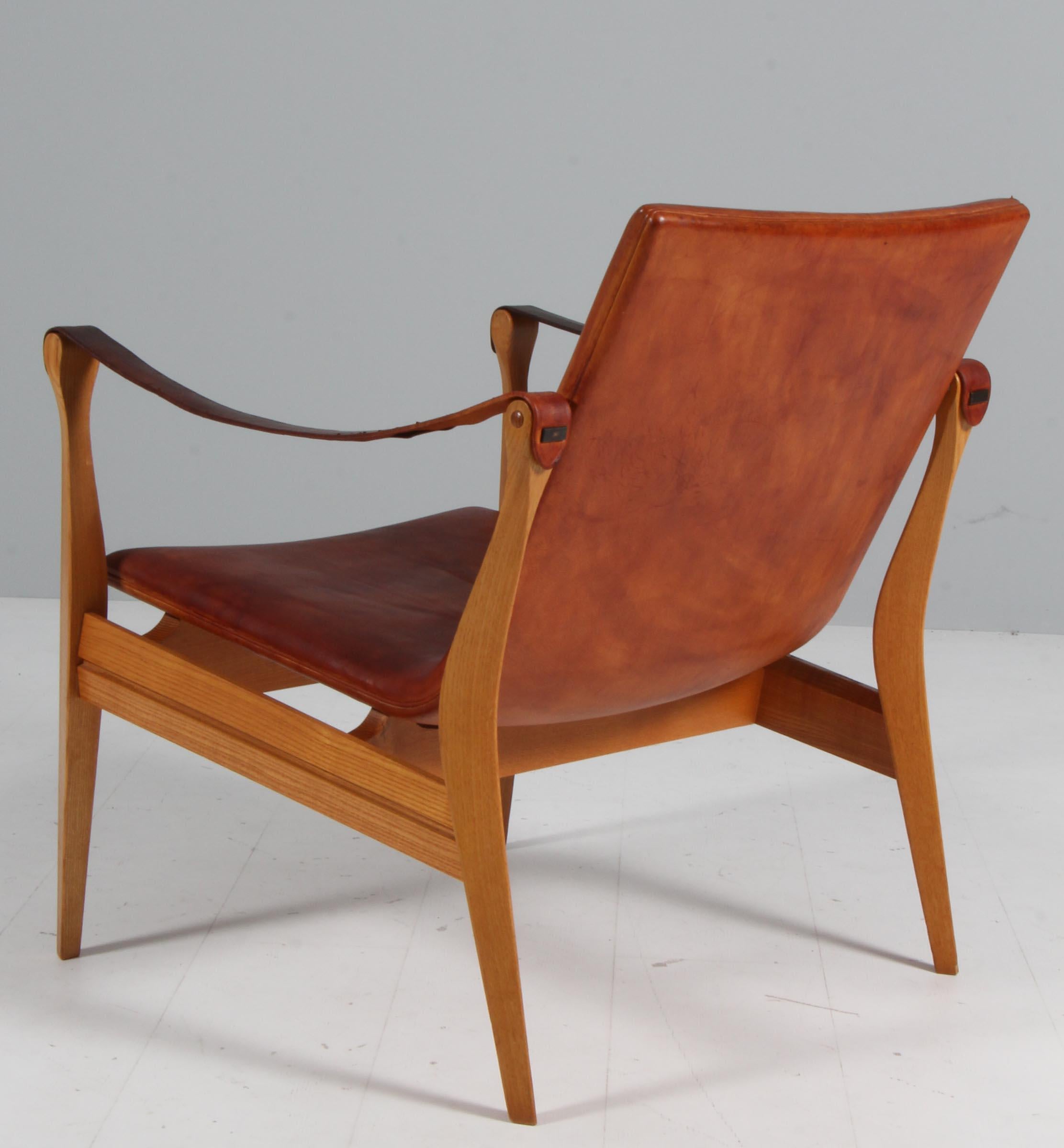 Leather Mid-Century Modern Safari Lounge Chair by Ebbe & Karen Clemmensen, patinated lea