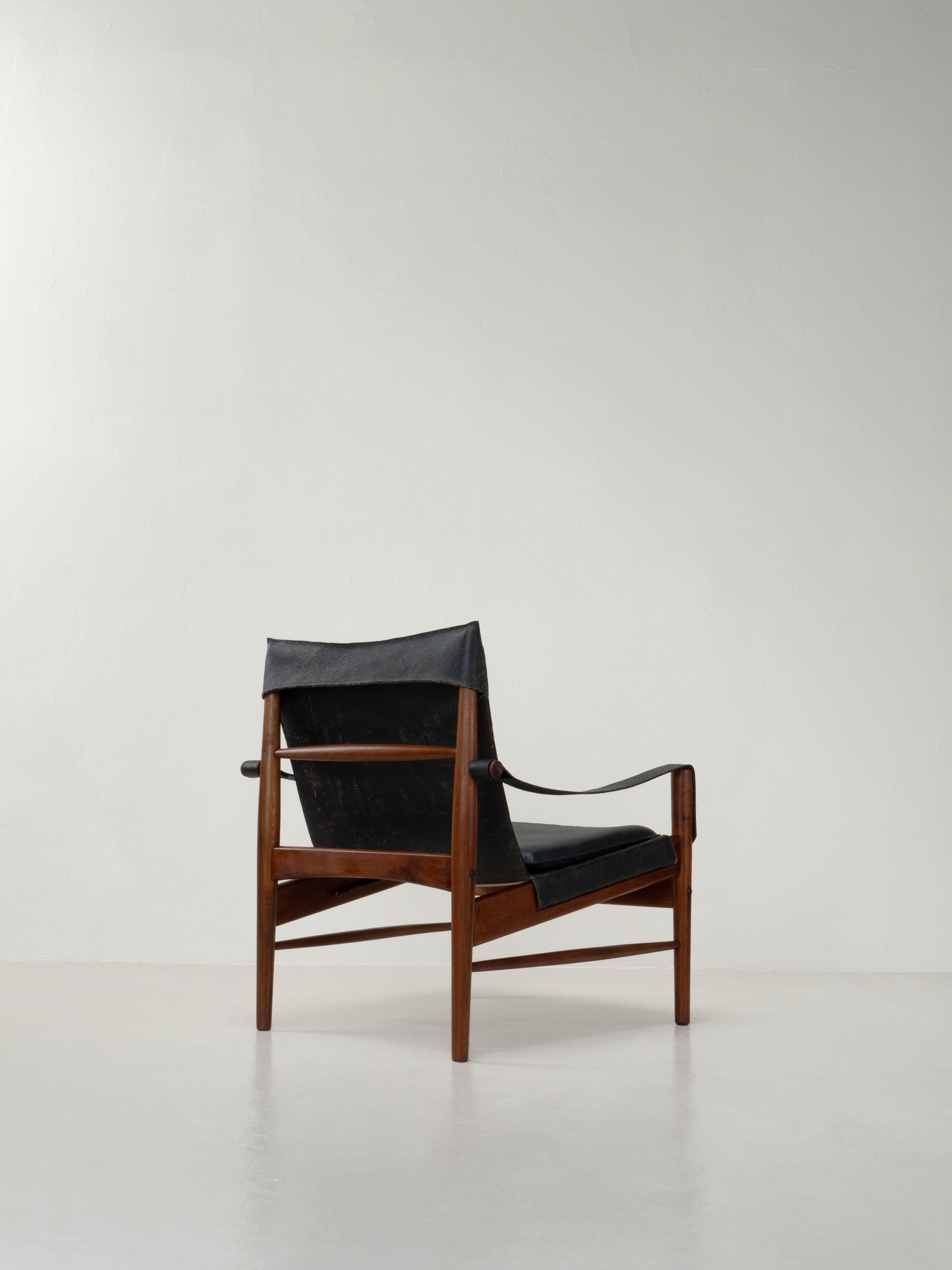 Leather Mid-Century Modern Safari Sling Chairs in Walnut by Hans Olsen, Sweden, 1960's