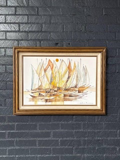 Mid-Century Modern Sailboat Fleet Oil Painting by Alfred B. - Signed Original