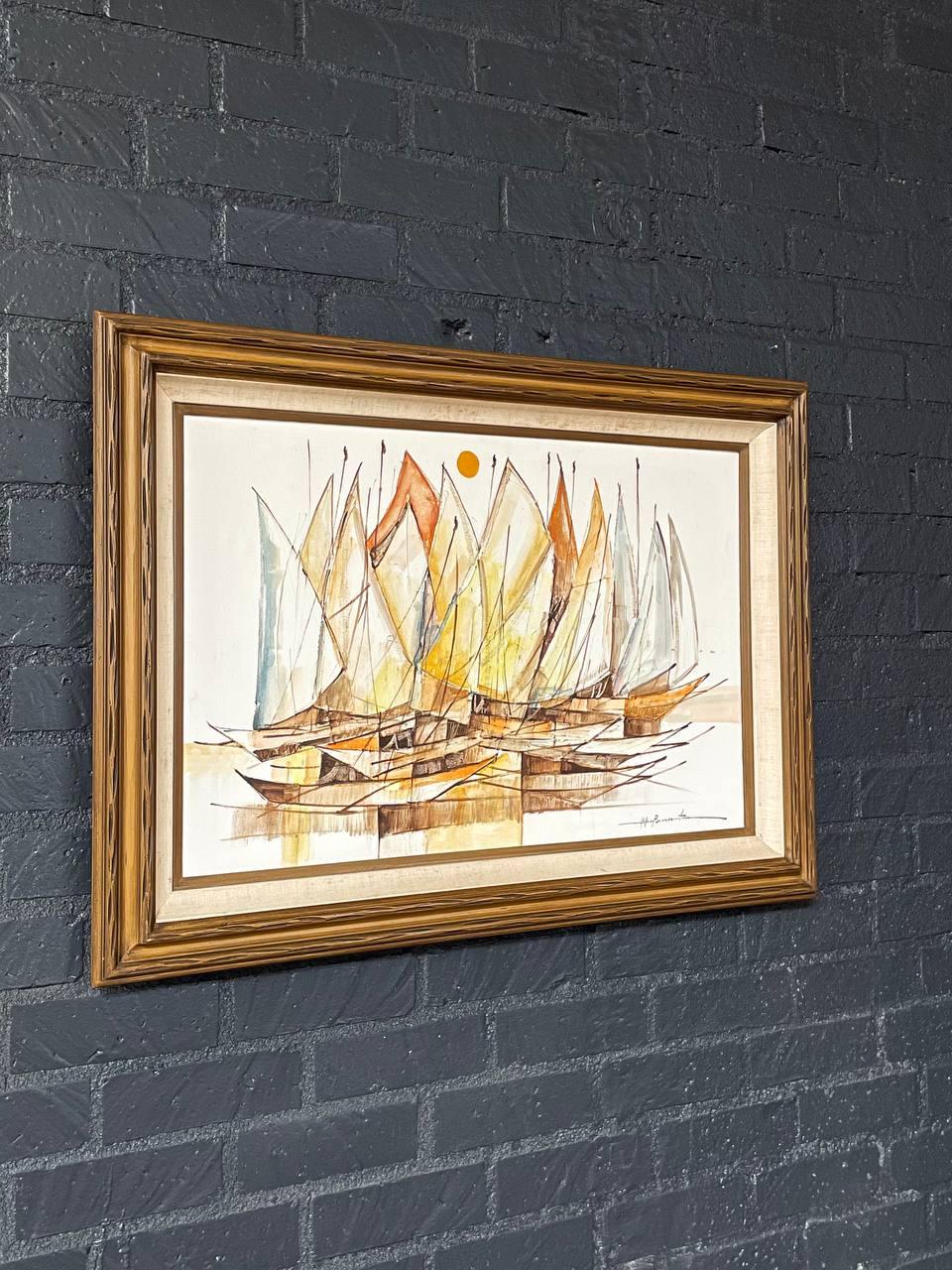Pintura al óleo Flota de veleros moderna de mediados de siglo de Alfred B. - Original firmada Otro en venta