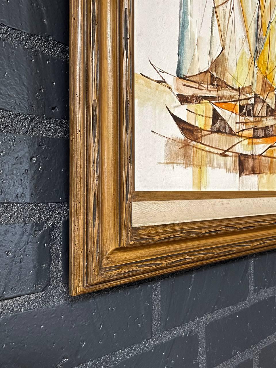 Pintura al óleo Flota de veleros moderna de mediados de siglo de Alfred B. - Original firmada mediados del siglo XX en venta