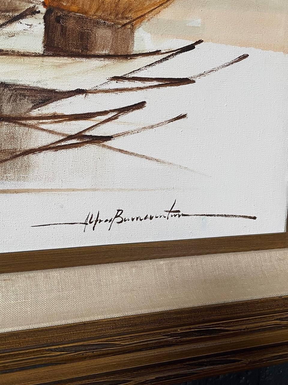 Pintura al óleo Flota de veleros moderna de mediados de siglo de Alfred B. - Original firmada en venta 2