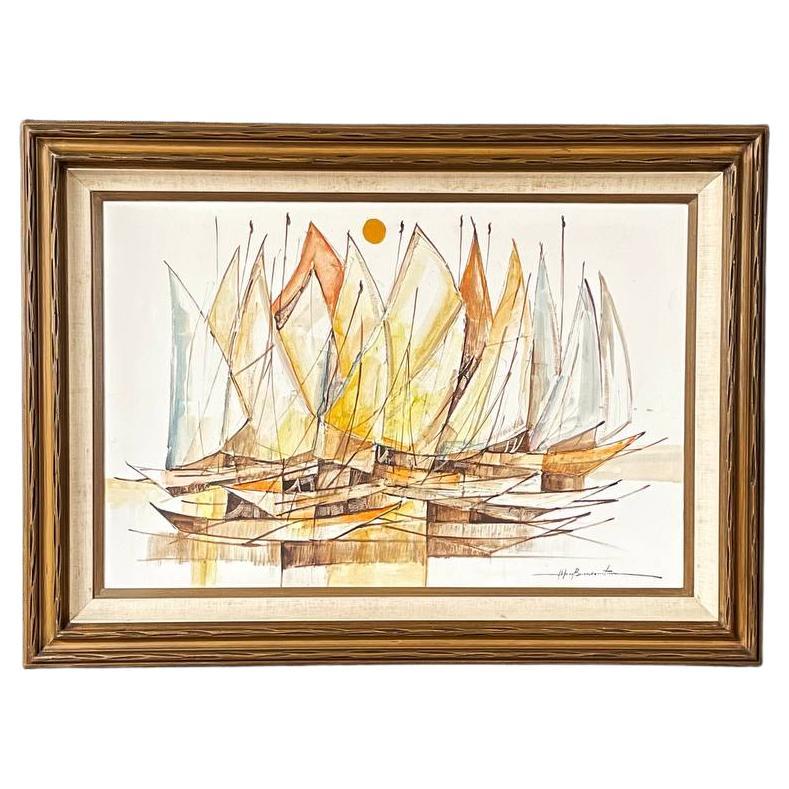 Mid-Century Modern Sailboat Fleet Oil Painting by Alfred B. - Signed Original