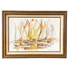 Mid-Century Modern Sailboat Fleet Oil Painting by Alfred B. - Signed Original