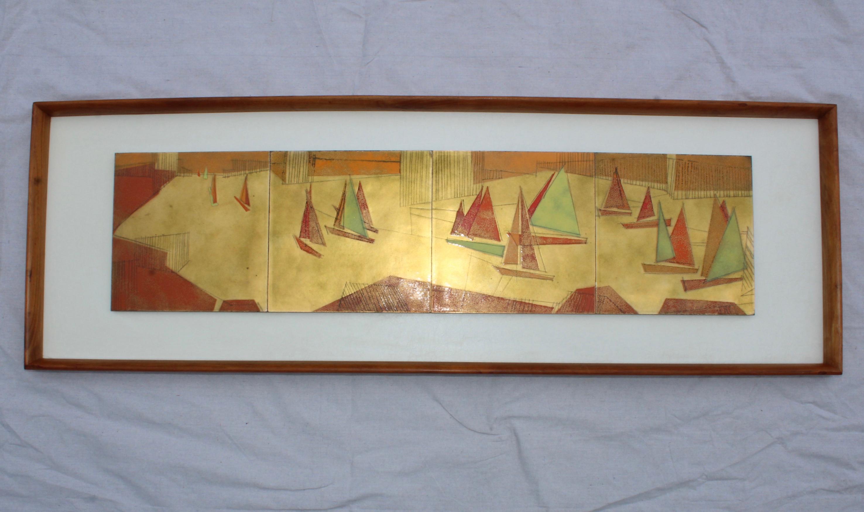 Stunning 1970s modern sailboats wall artwork on enamel. With wood frame.