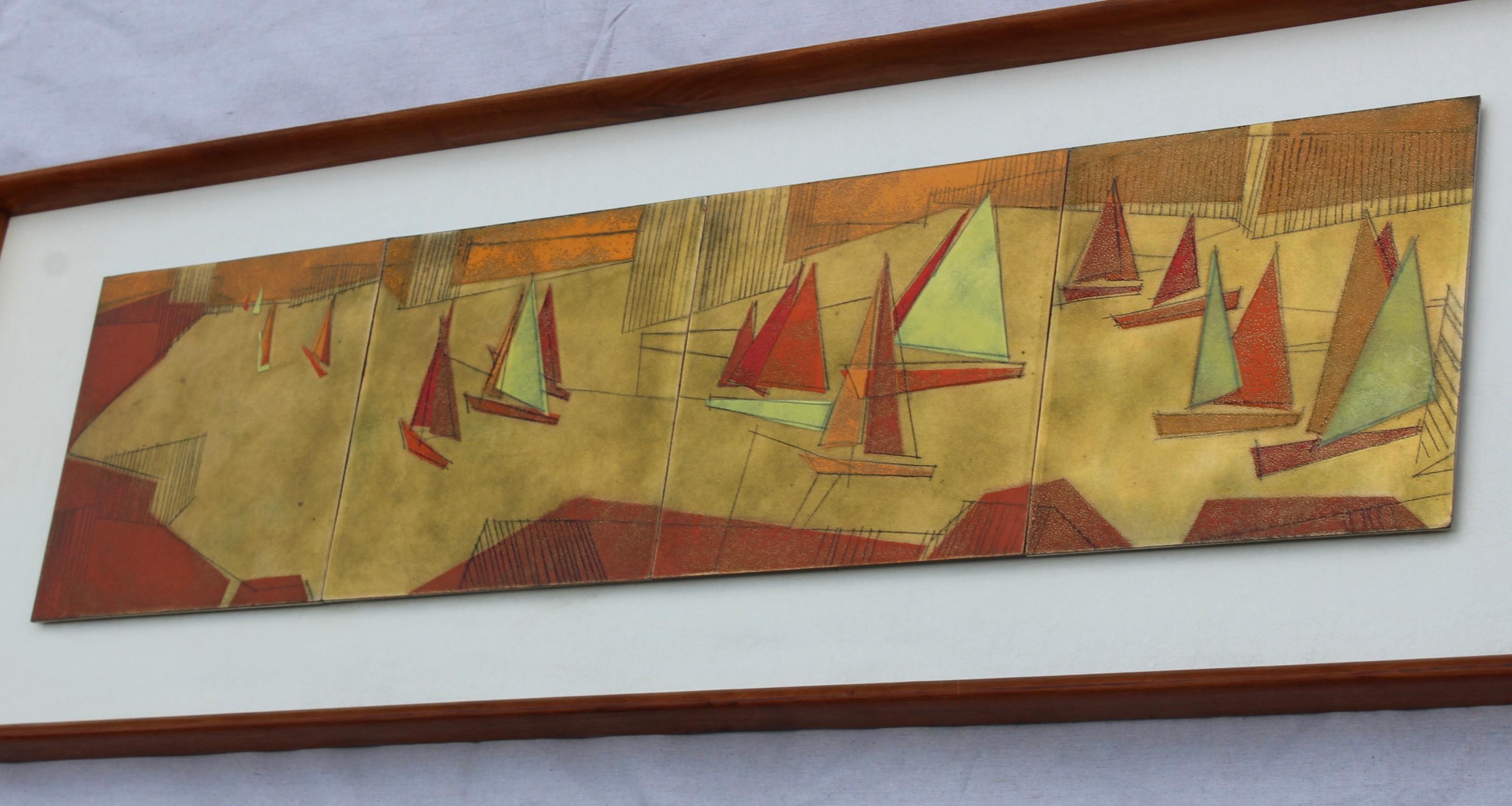 Mid-Century Modern Sailboats Artwork on Enamel In Good Condition For Sale In New York, NY