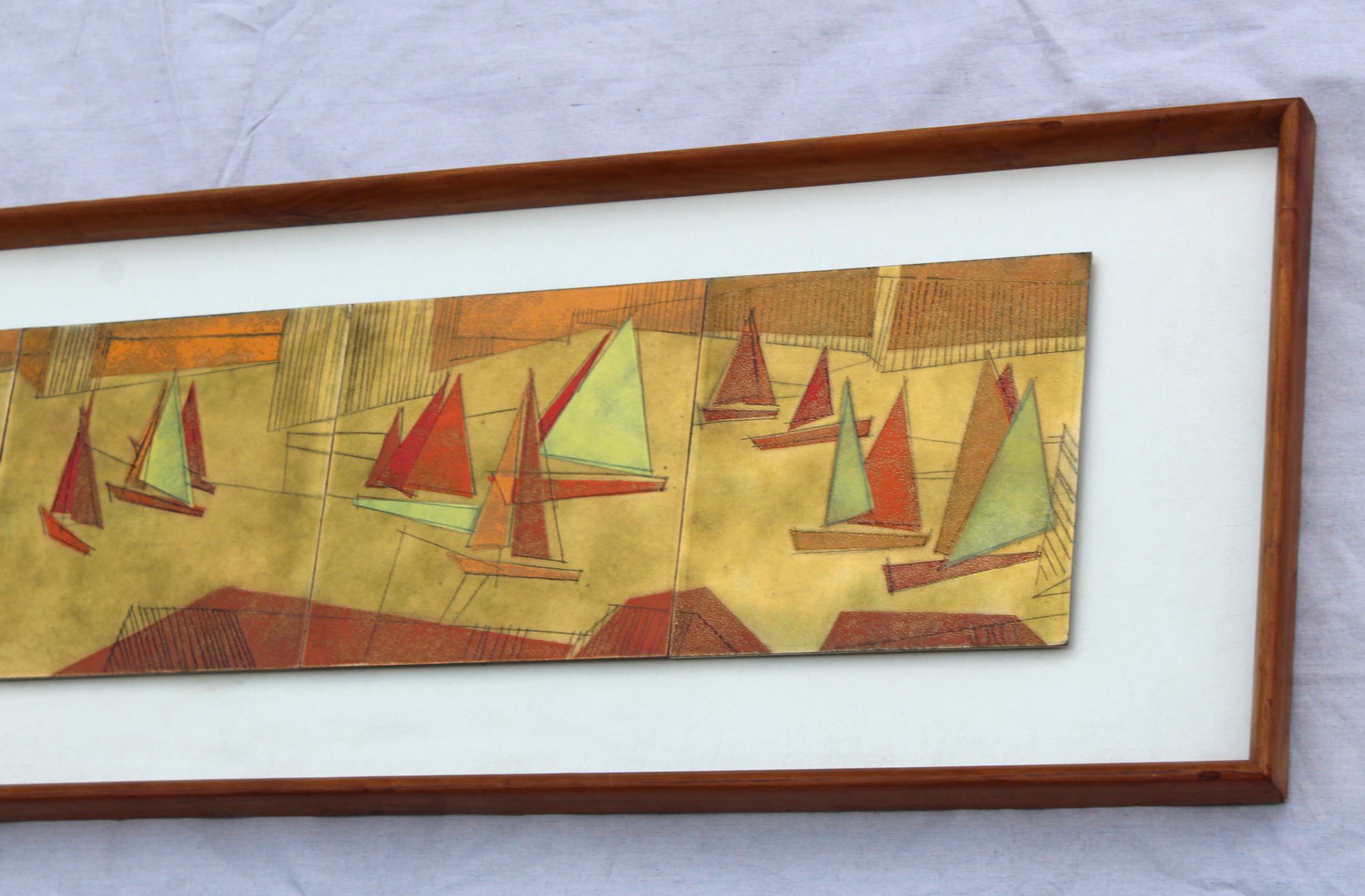 Late 20th Century Mid-Century Modern Sailboats Artwork on Enamel For Sale