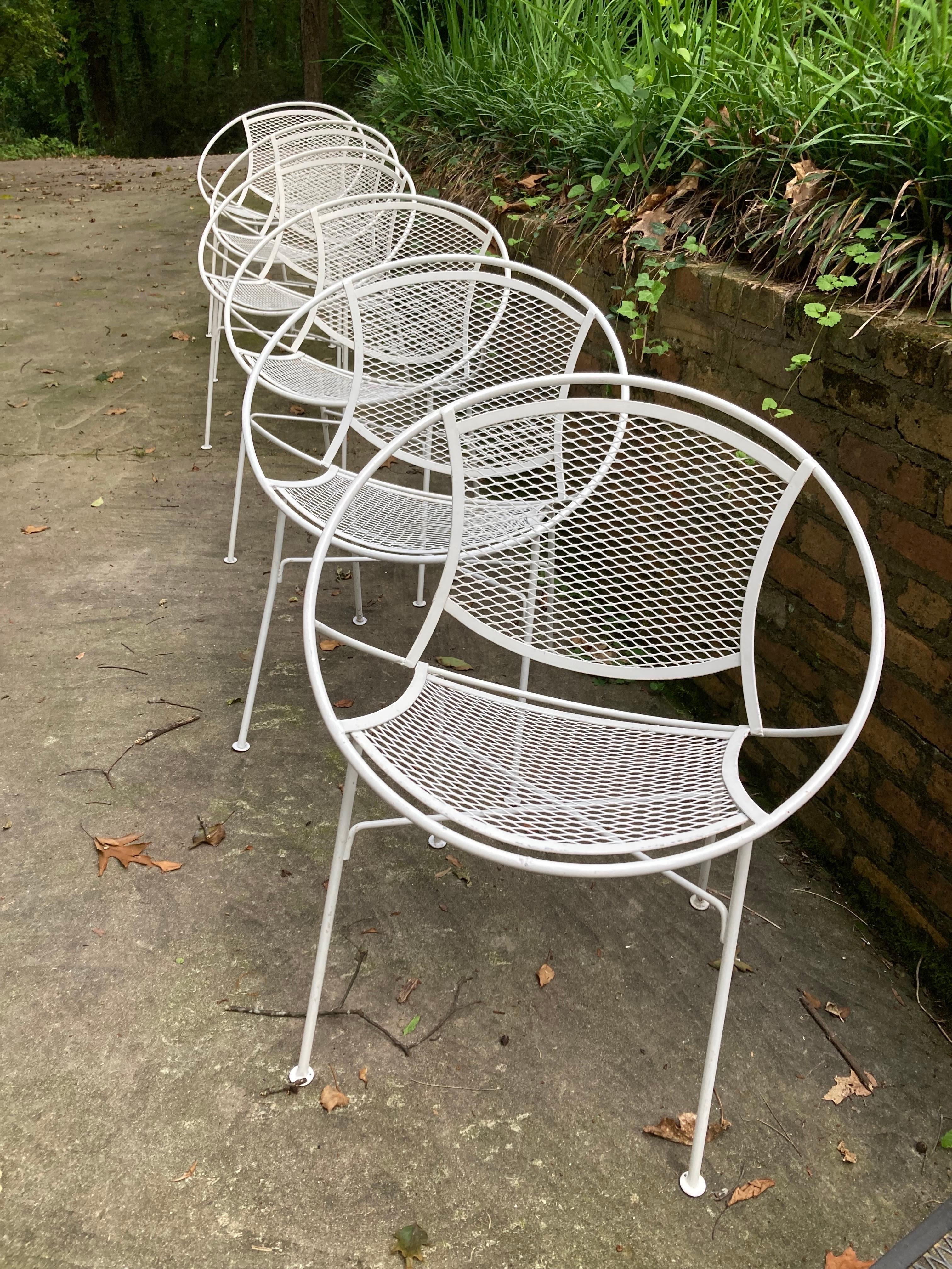 beautiful set of 6
from tempestini for salterini, 
sandblasted then powder coated
often referred to as radar chair 
no maker’s mark

shipping from athens, ga 30606