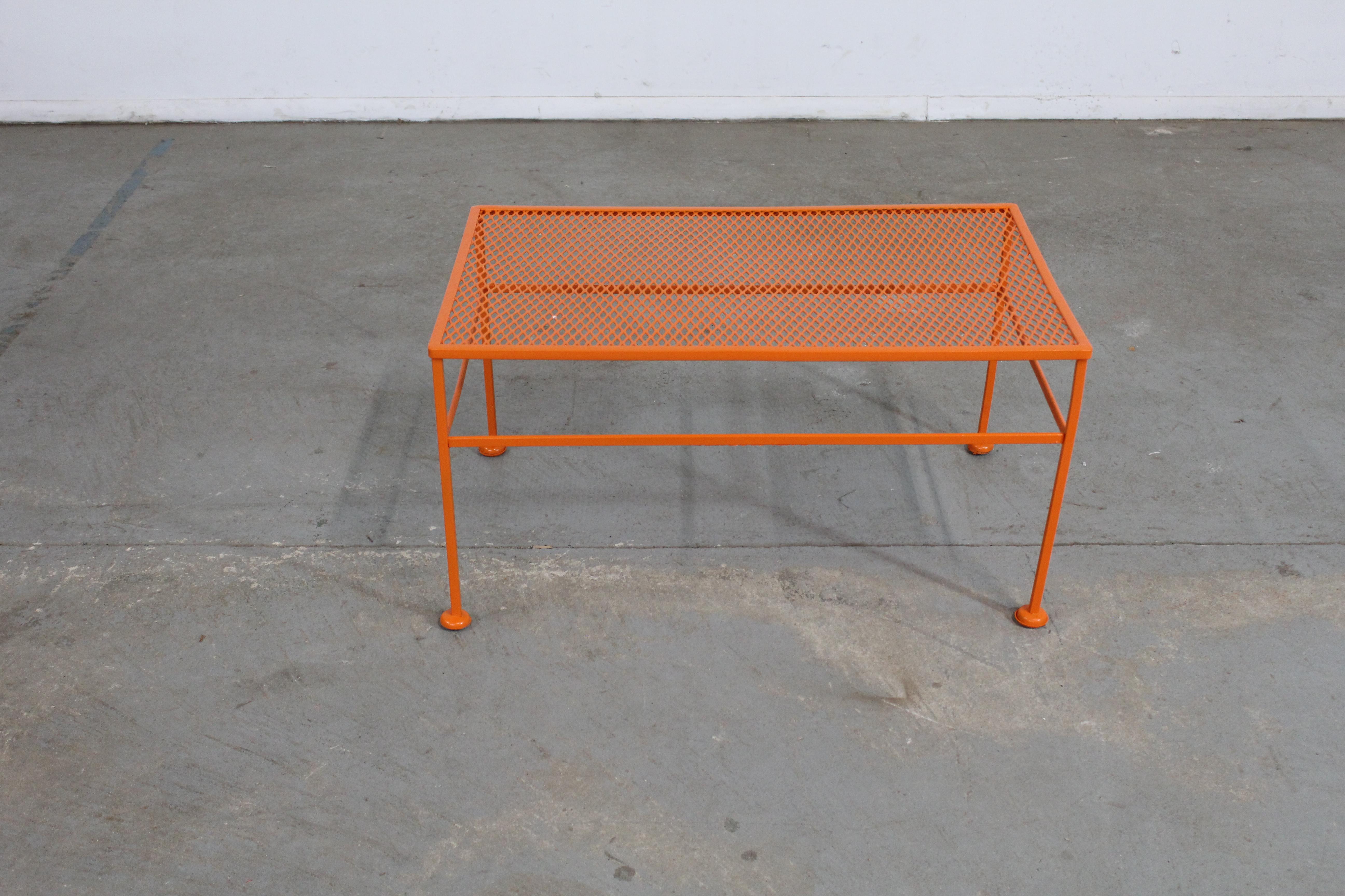 Mid-Century Salterini Style Outdoor Coffee Table

Offered is a mid-century outdoor/patio coffee table , circa 1960's. This piece is made of welded steel and features a mesh top. The table is perfect for small spaces or city living nad is sure to add