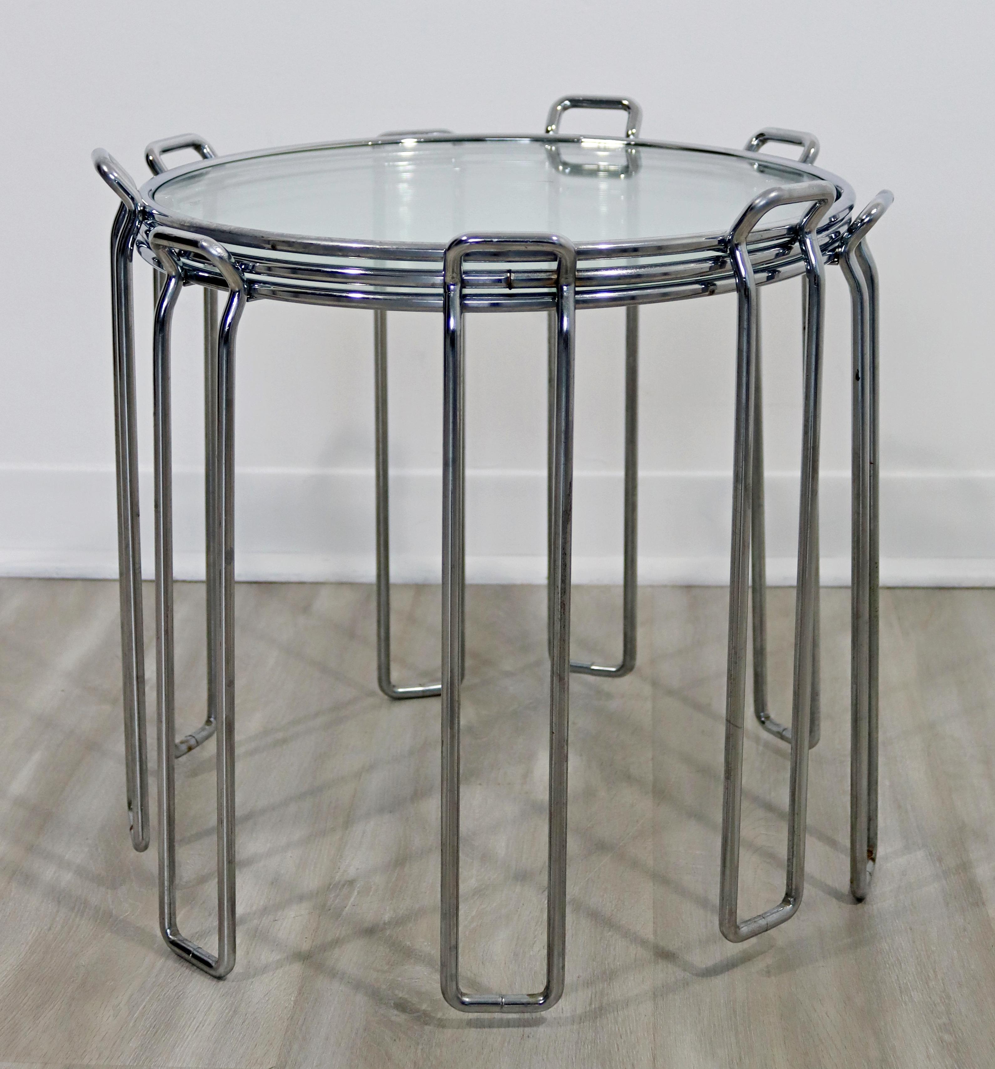 Italian Mid-Century Modern Saporiti Set of 3 Chrome Glass Round Nesting Side Tables 60s