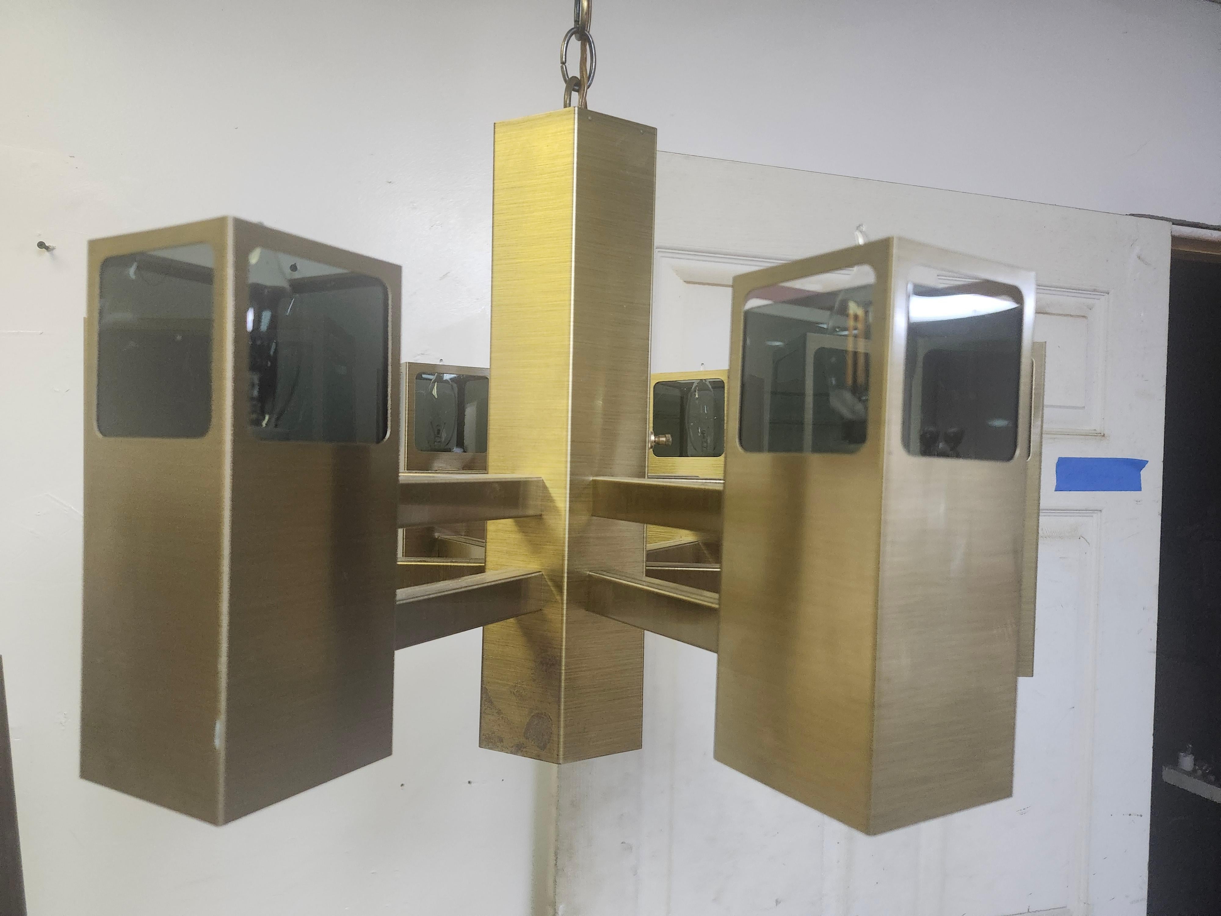 Mid Century Modern Satin Brass & Glass Chandelier by Frederick Raymond C1970 For Sale 3