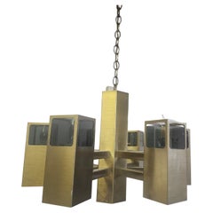 Moderner Kronleuchter aus satiniertem Messing und Glas von Frederick Raymond C1970 aus der Mitte des Jahrhunderts