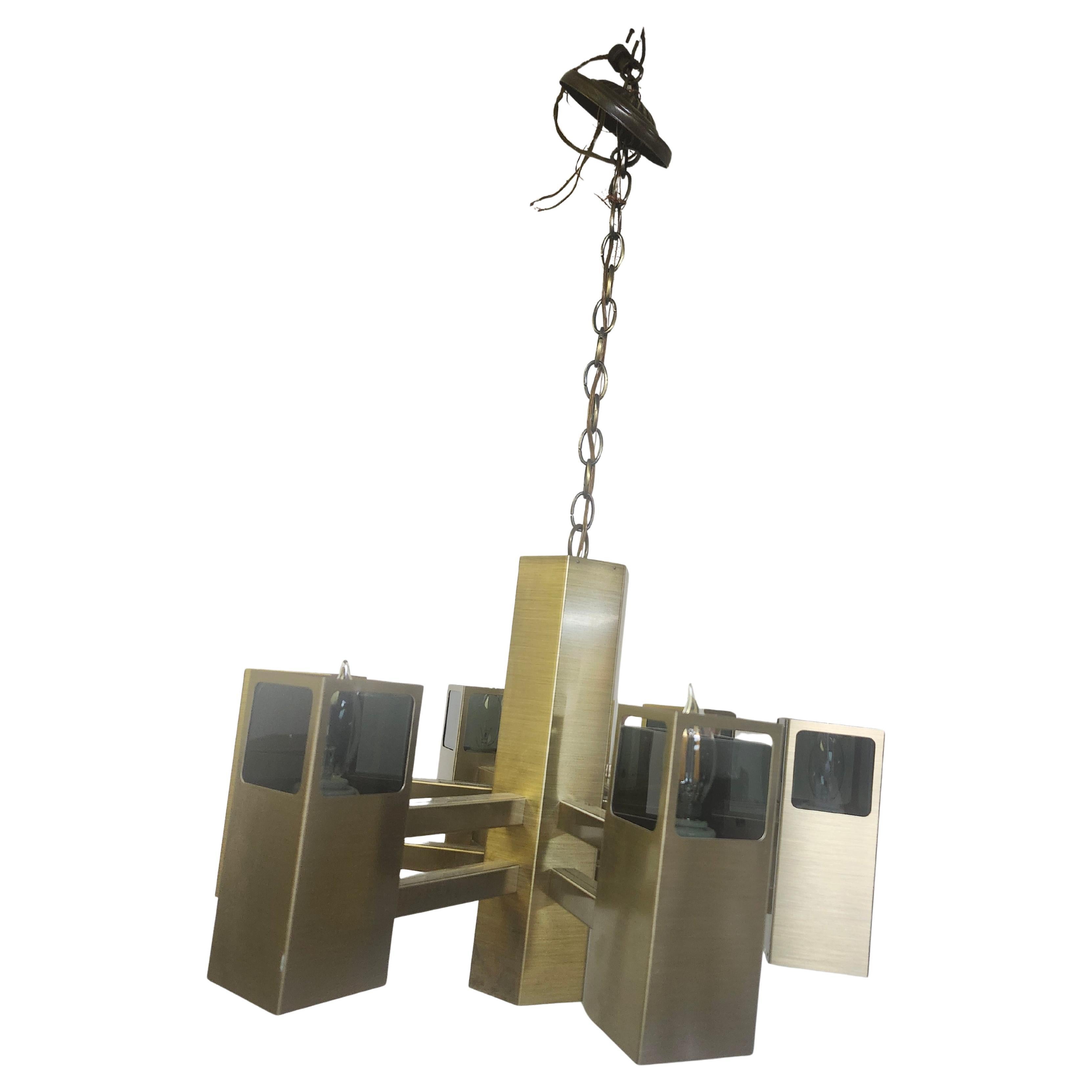 American Mid Century Modern Satin Brass & Glass Chandelier by Frederick Raymond C1970 For Sale