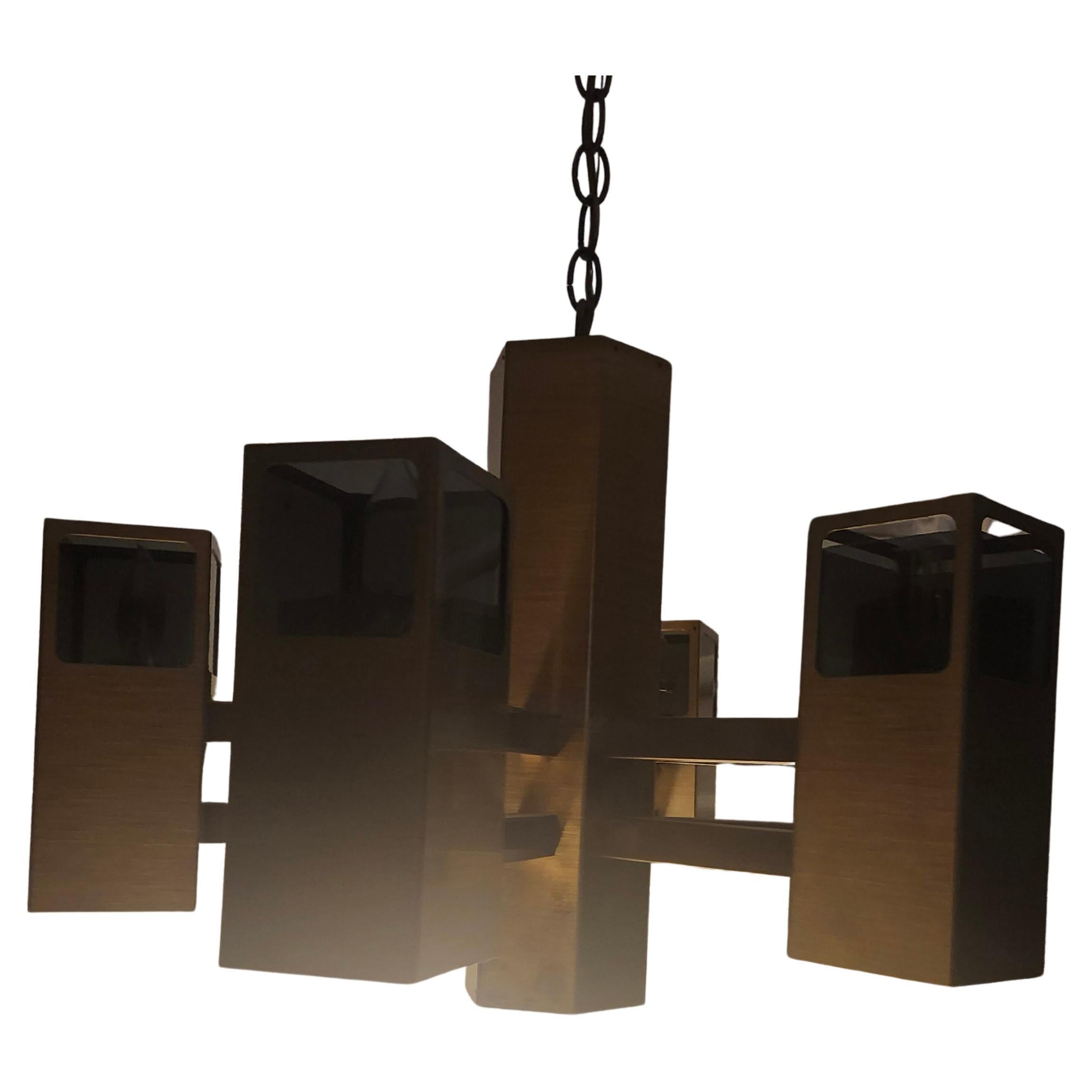 Hand-Crafted Mid Century Modern Satin Brass & Glass Chandelier by Frederick Raymond C1970 For Sale