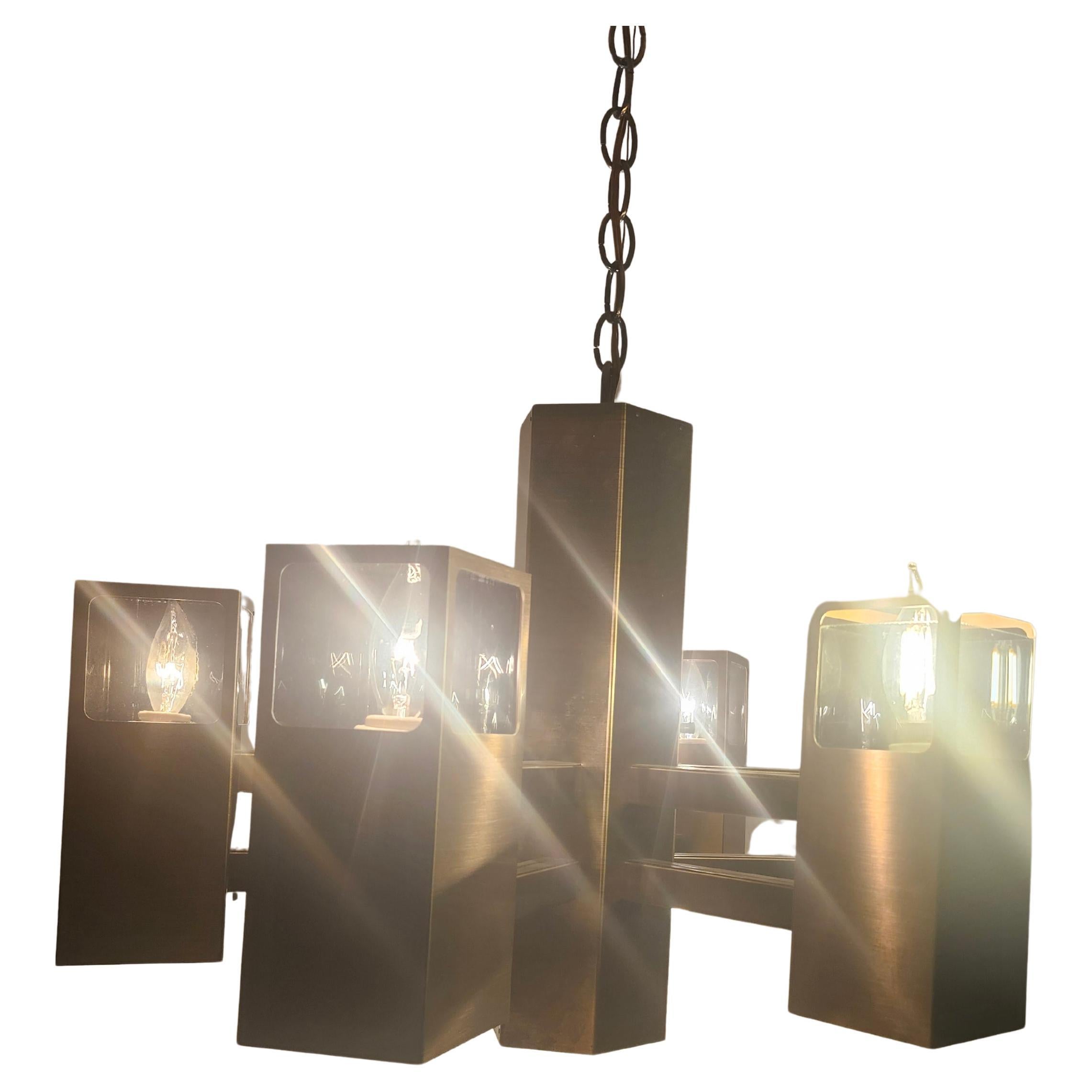 Mid Century Modern Satin Brass & Glass Chandelier by Frederick Raymond C1970 In Good Condition For Sale In Port Jervis, NY