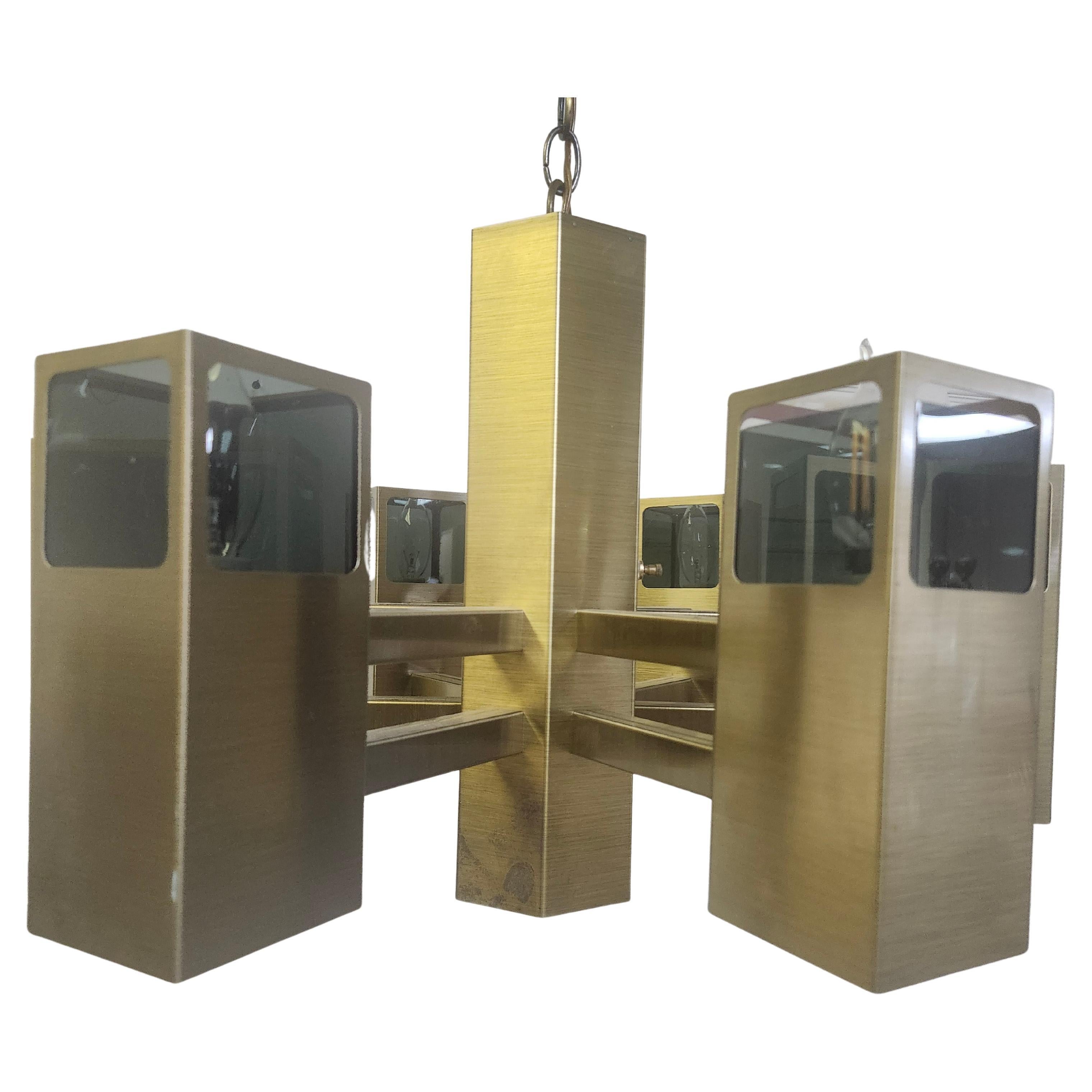 Late 20th Century Mid Century Modern Satin Brass & Glass Chandelier by Frederick Raymond C1970 For Sale