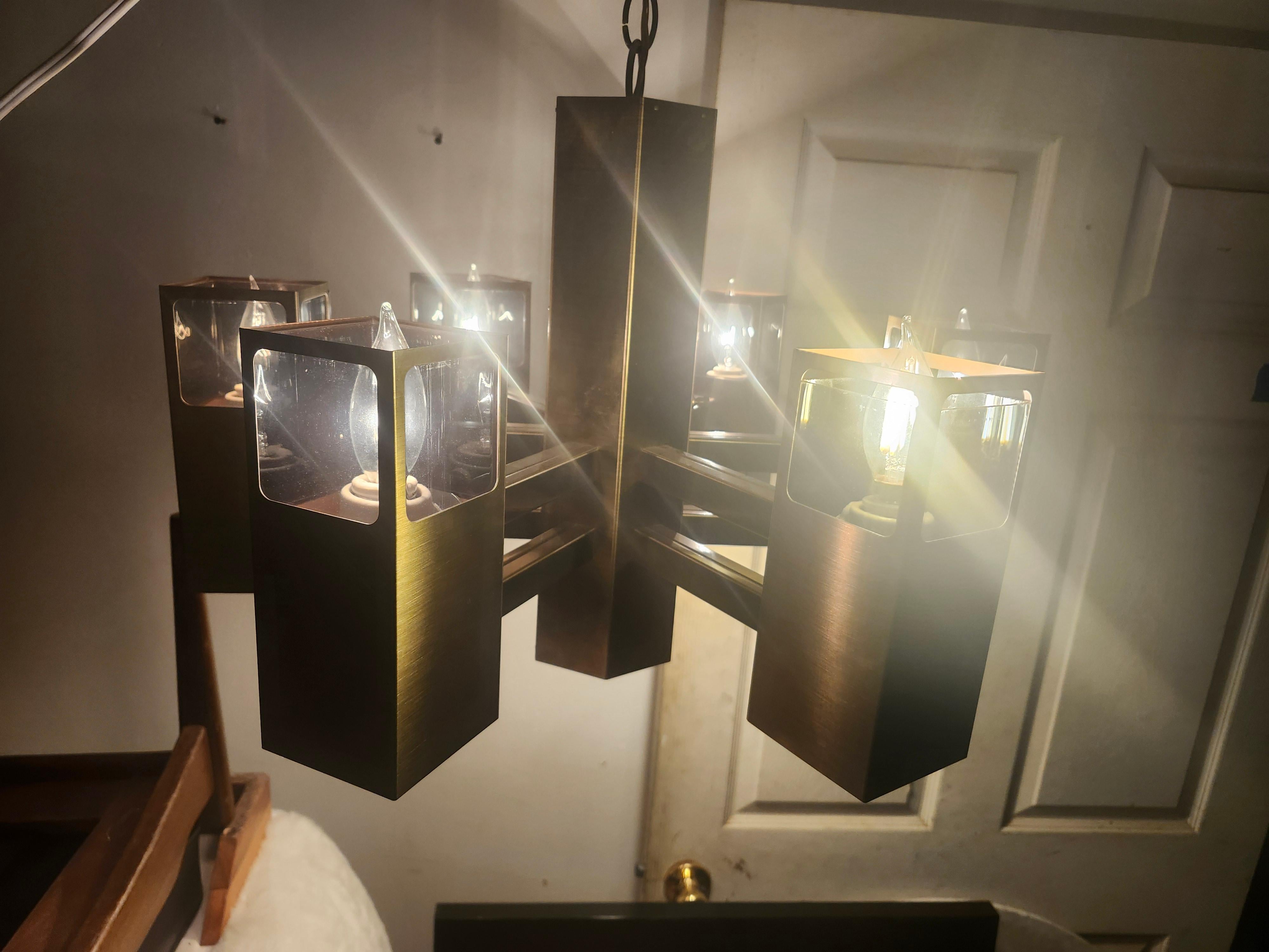 Mid Century Modern Satin Brass & Glass Chandelier by Frederick Raymond C1970 For Sale 1