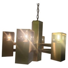 Moderner Kronleuchter aus satiniertem Messing und Glas von Frederick Raymond C1970 aus der Mitte des Jahrhunderts