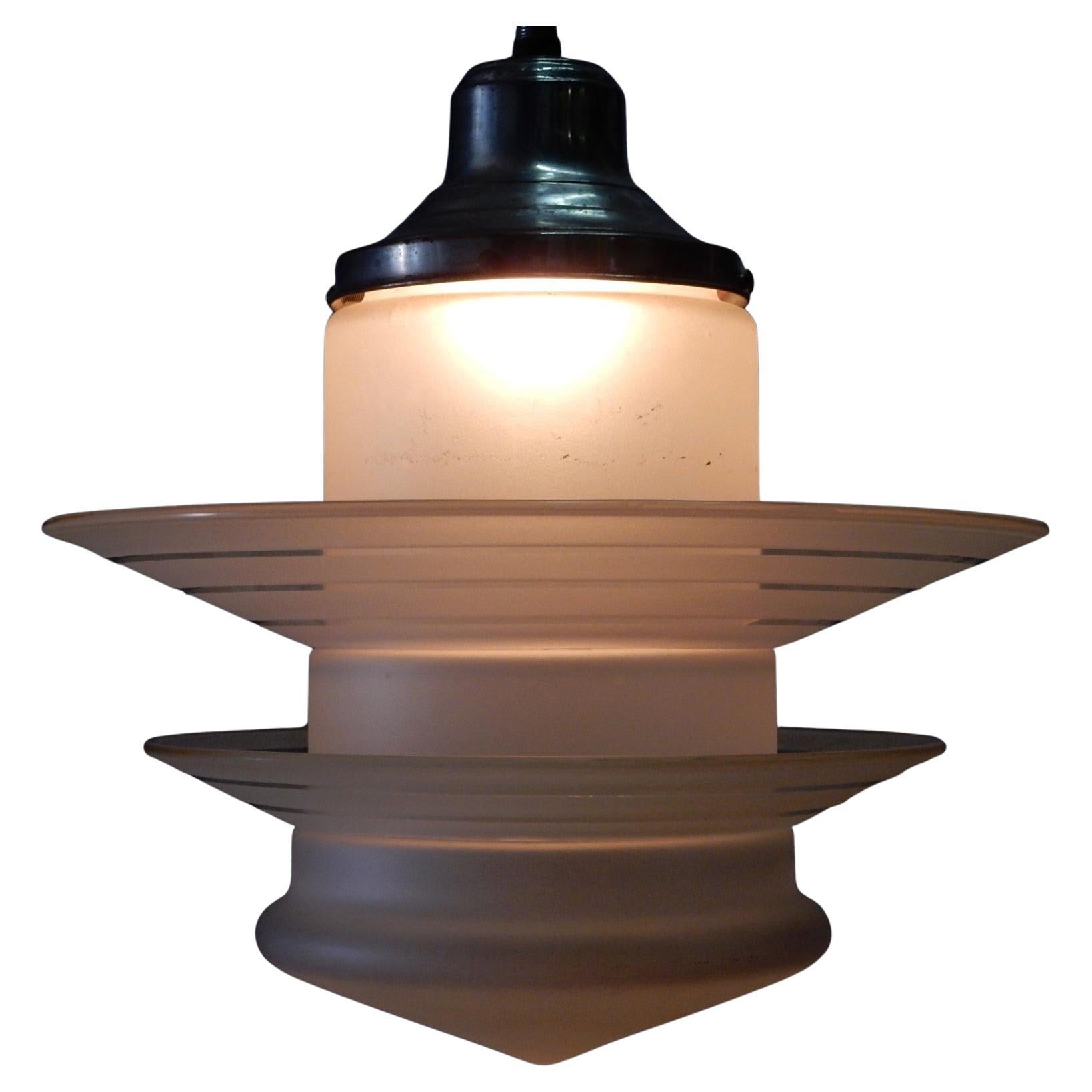 Art Deco UFO Saturn Ring Pendant Lamp Chandelier 1950's In Fair Condition For Sale In Las Vegas, NV