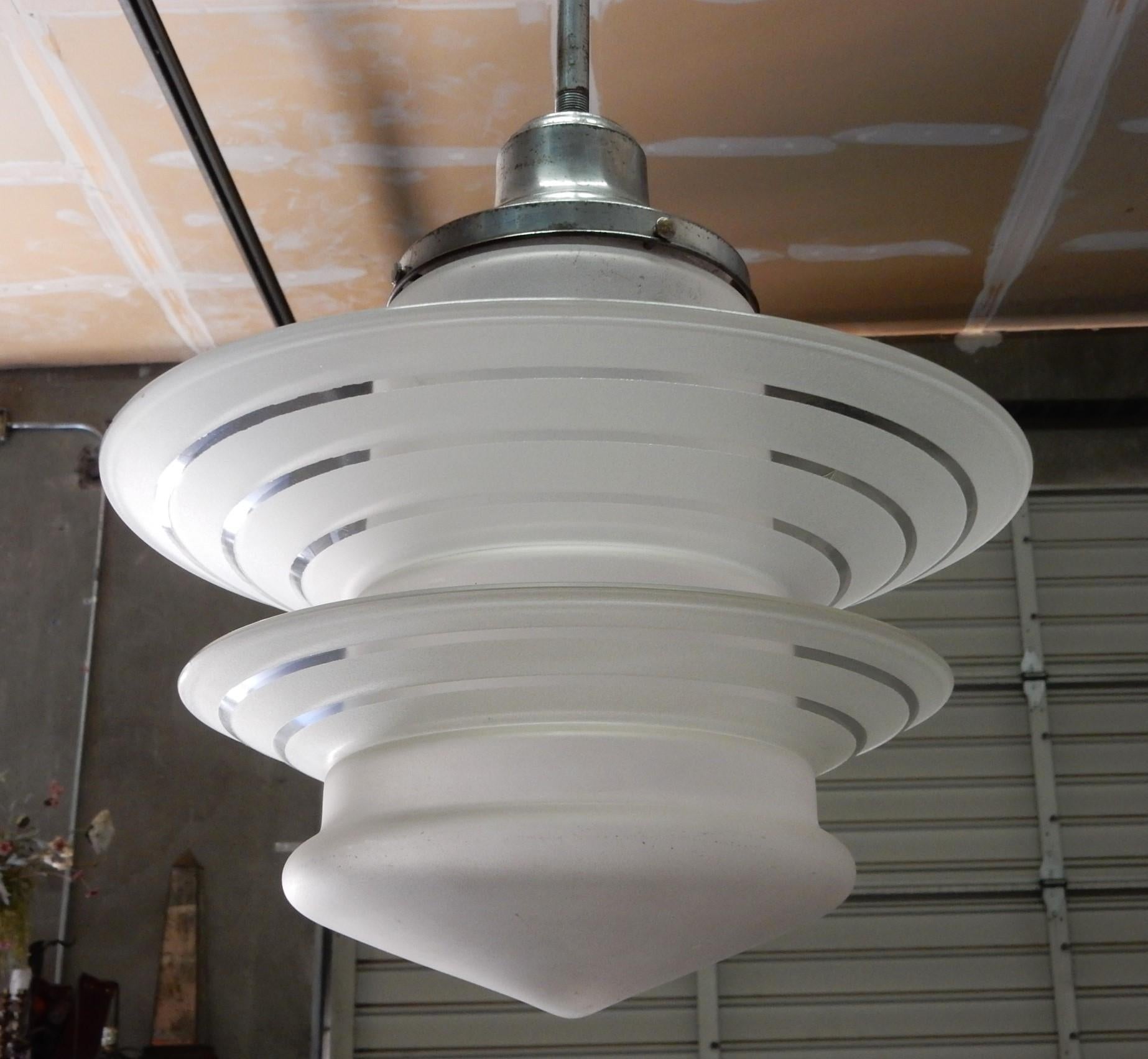 Steel Art Deco UFO Saturn Ring Pendant Lamp Chandelier 1950's For Sale