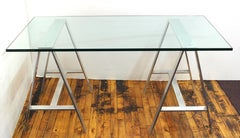 Mid-Century Modern Saw Horse Desk with Aluminium Base and Glass Top