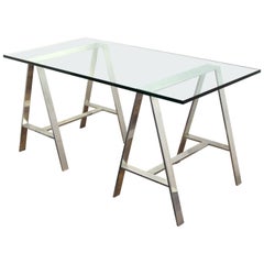 Mid-Century Modern Saw Horse Desk with Aluminium Base and Glass Top
