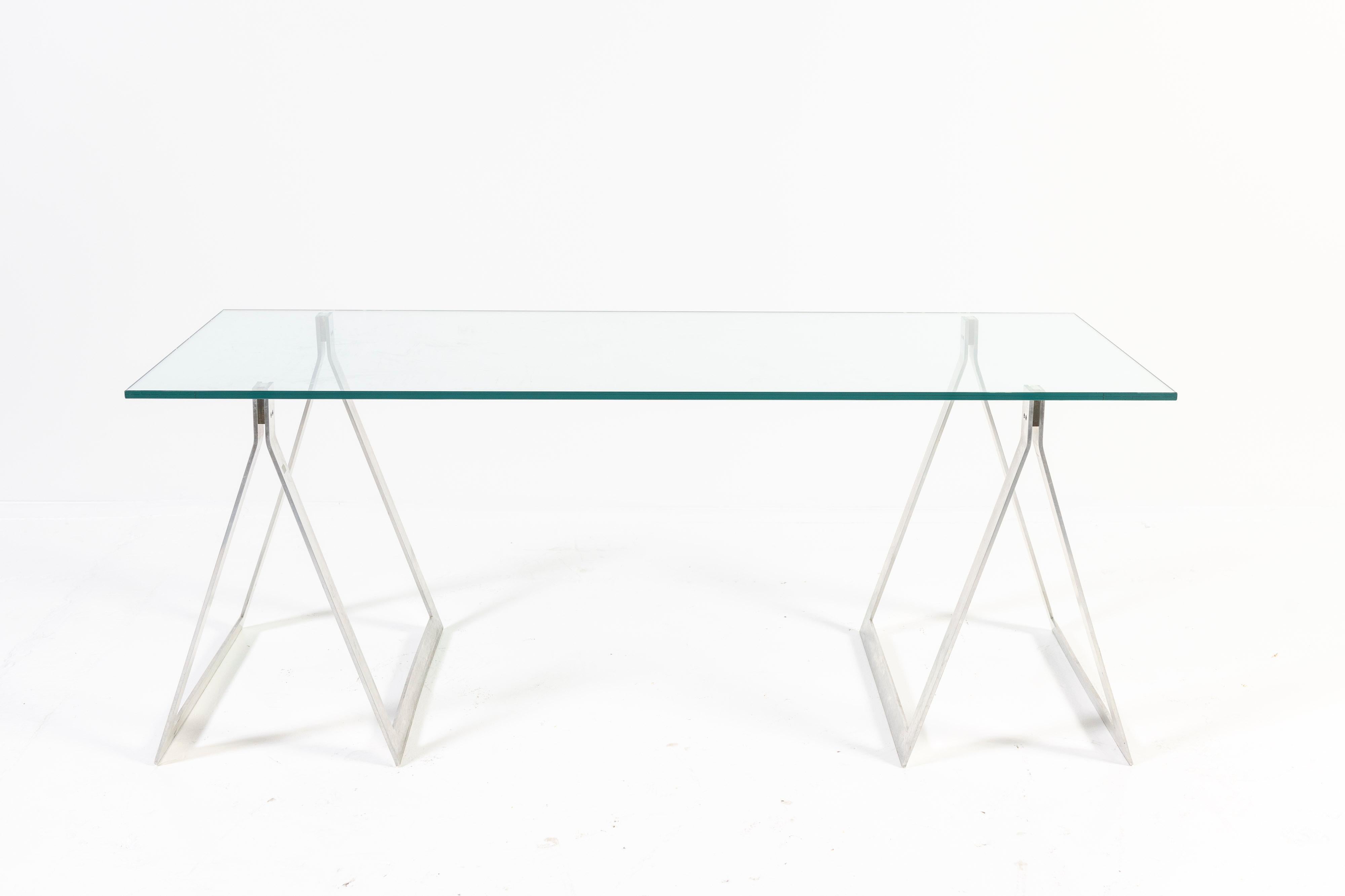 Italian Mid-Century Modern Saw Horse Desk with Steel Base and Rectangular Glass Top For Sale