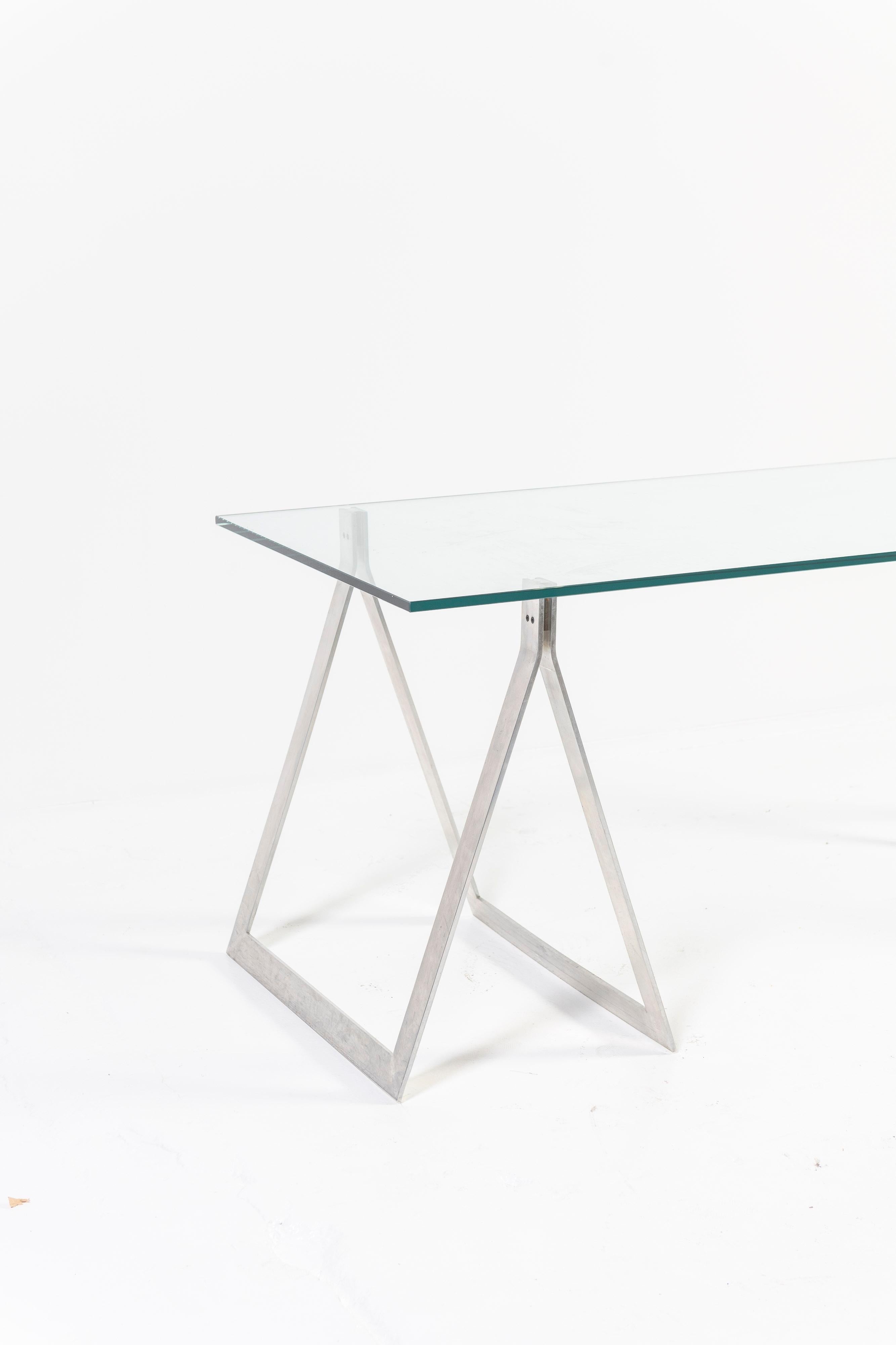 20th Century Mid-Century Modern Saw Horse Desk with Steel Base and Rectangular Glass Top For Sale