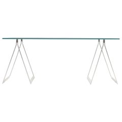 Mid-Century Modern Saw Horse Desk with Steel Base and Rectangular Glass Top