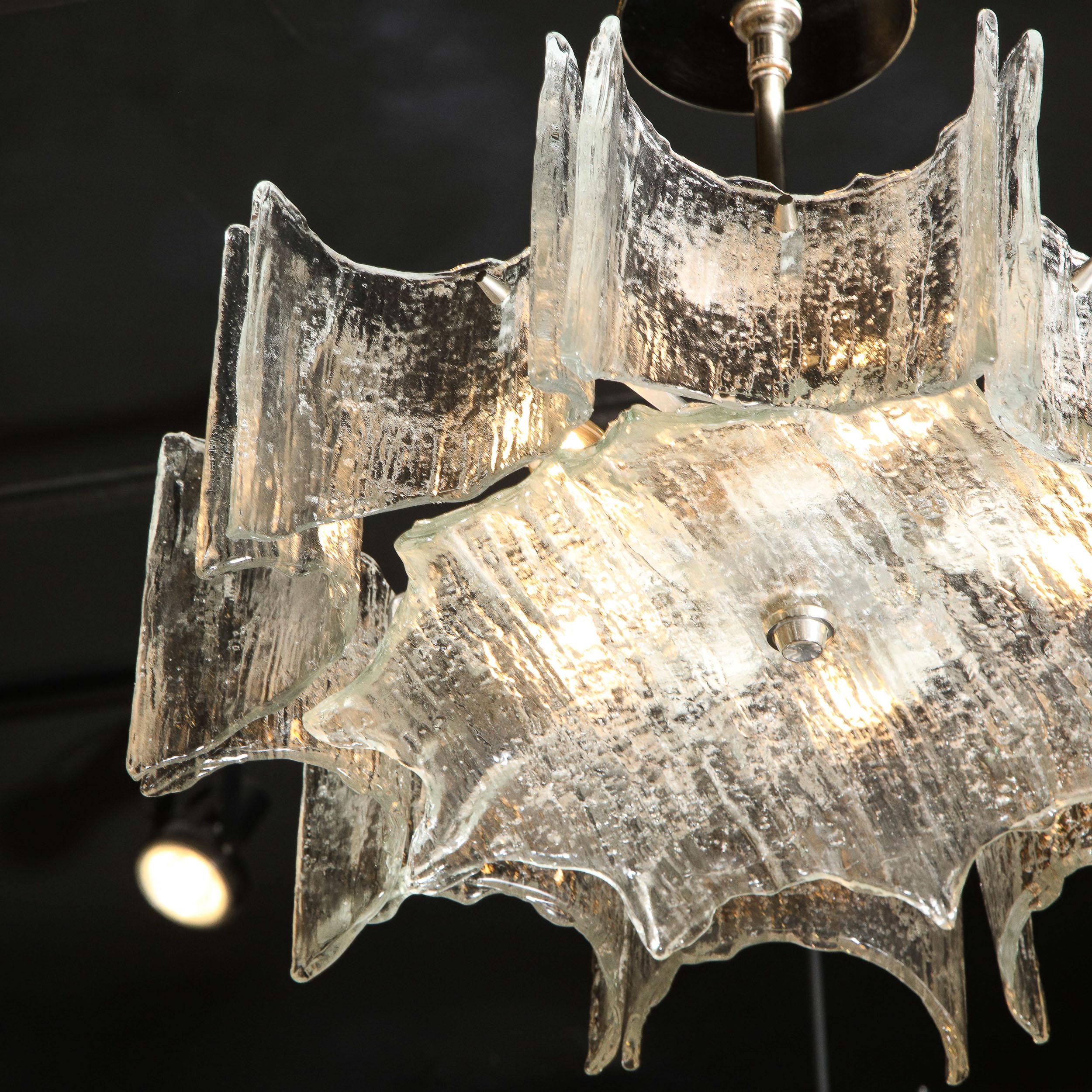 Italian Mid-Century Modern Scalloped Ice Glass Chandelier with Chrome Fittings by Kalmar