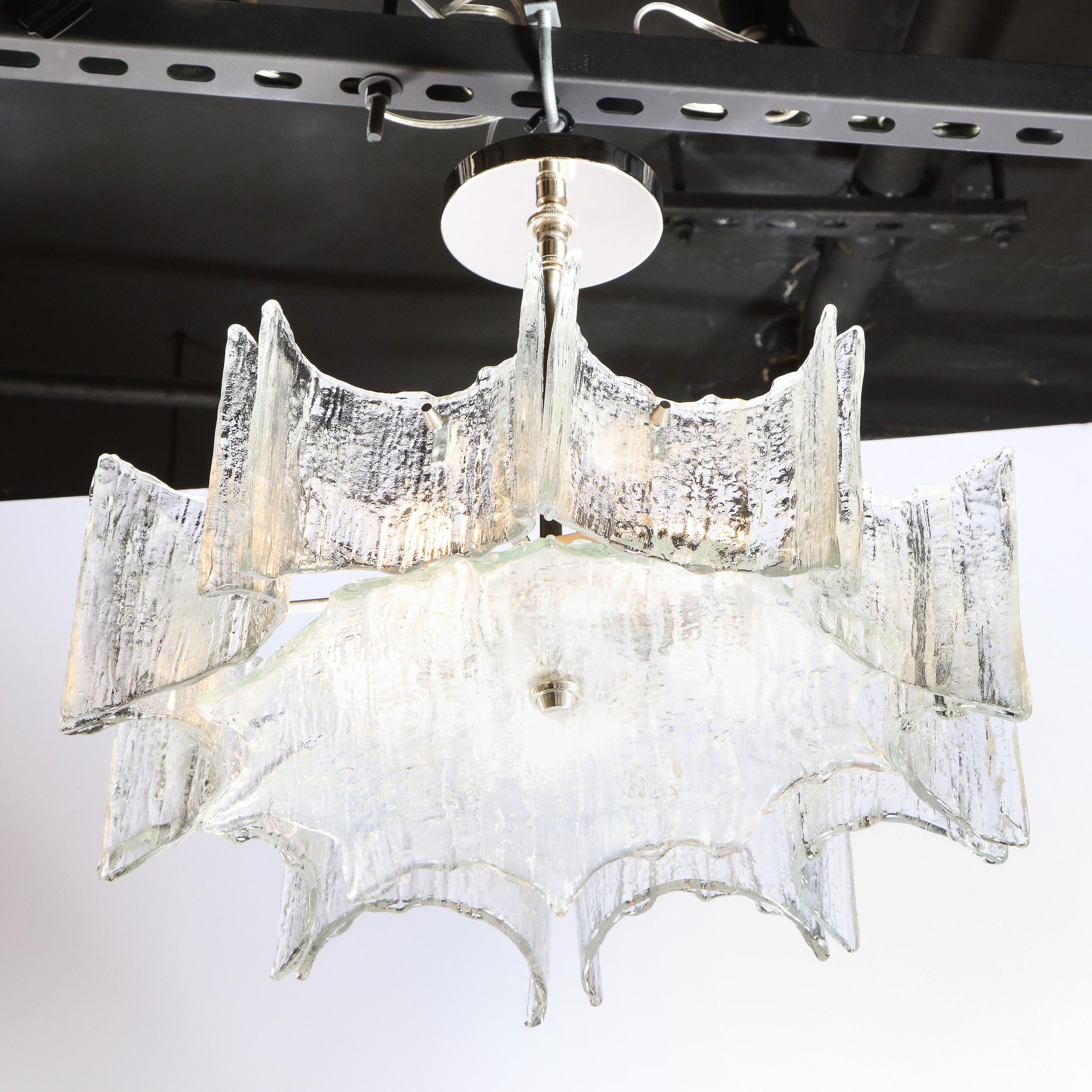 Late 20th Century Mid-Century Modern Scalloped Ice Glass Chandelier with Chrome Fittings by Kalmar