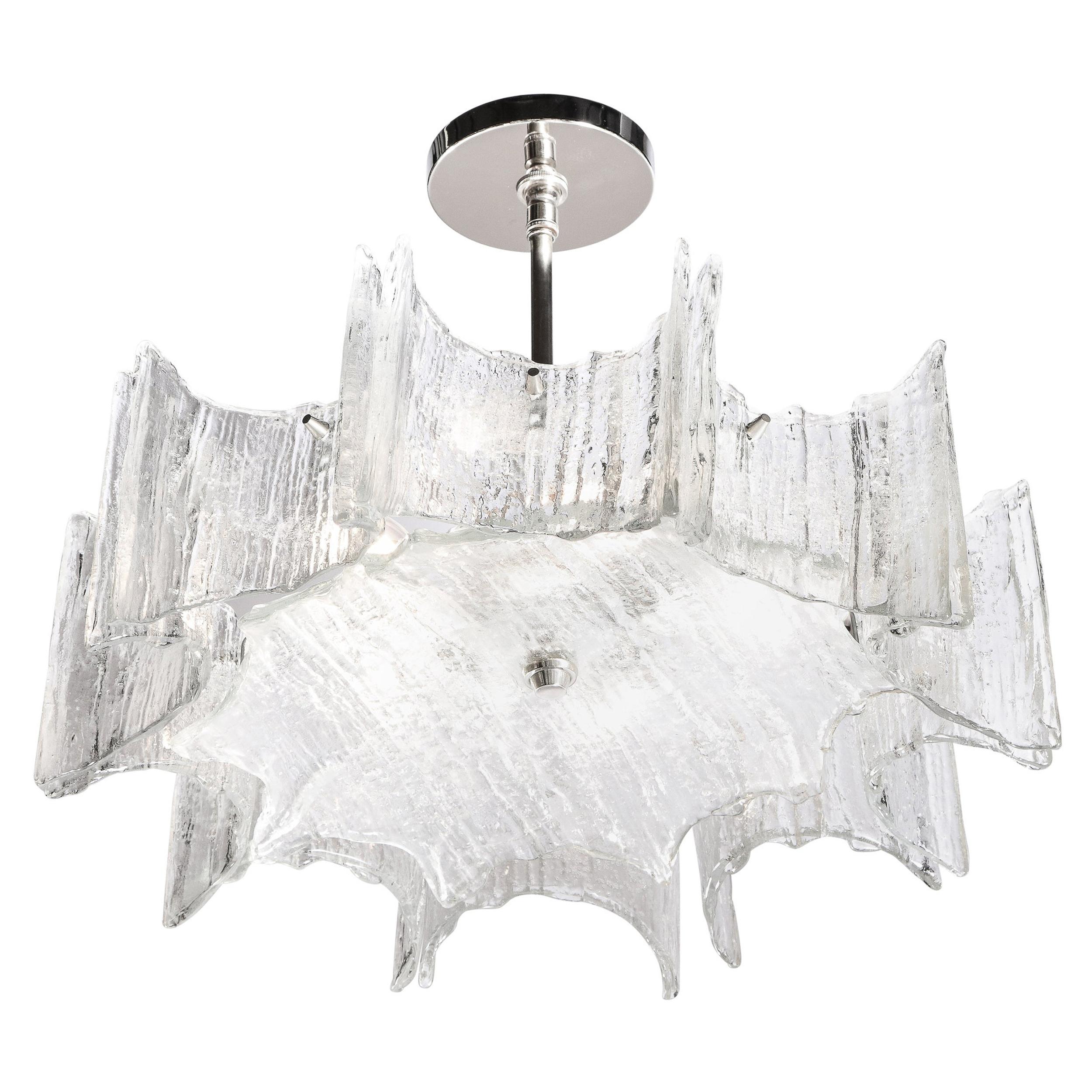 Mid-Century Modern Scalloped Ice Glass Chandelier with Chrome Fittings by Kalmar
