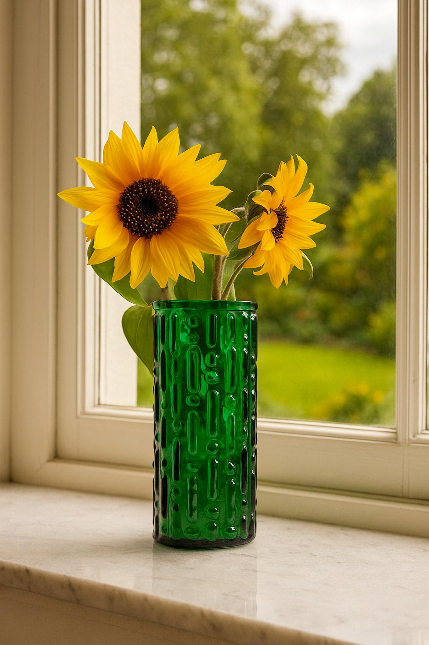 Un superbe vase en verre vintage des années 1960 avec une fantastique couleur vert émeraude provenant de Reijmyre en Suède, conçu par Alf Carlsson. Le vase a une très belle texture et un style contemporain. Il sera tout aussi magnifique avec ou sans