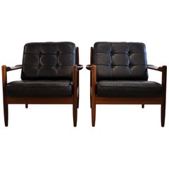 Mid-Century Modern Scandinavian Black Leather Armchairs