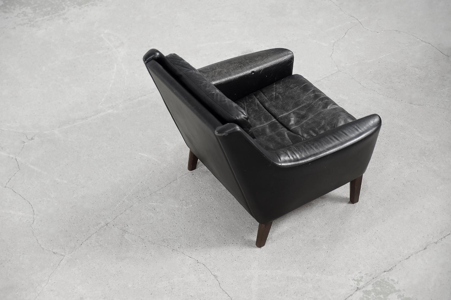 Vintage Mid-Century Modern Scandinavian Black Leather Living Room Lounge Set 3