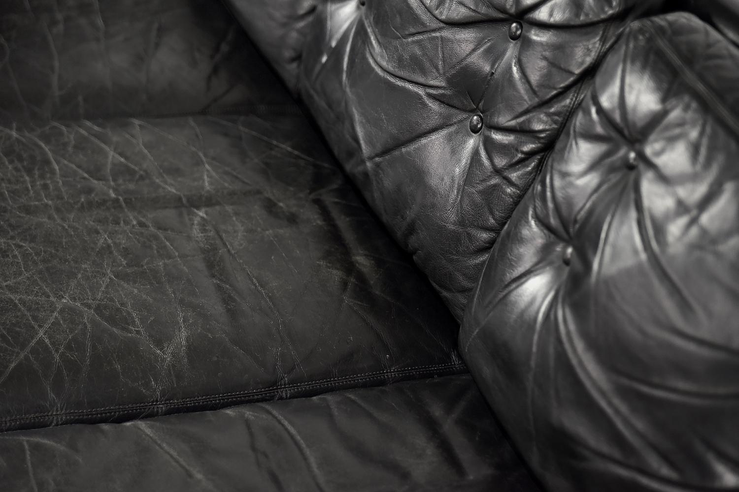 Vintage Mid-Century Modern Scandinavian Black Leather Living Room Lounge Set 6