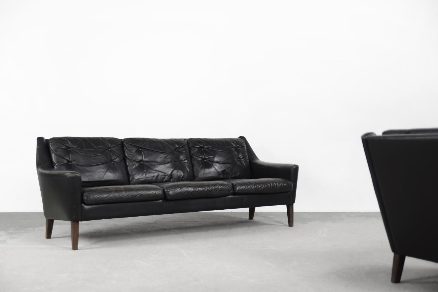 Scandinavian Modern Vintage Mid-Century Modern Scandinavian Black Leather Living Room Lounge Set