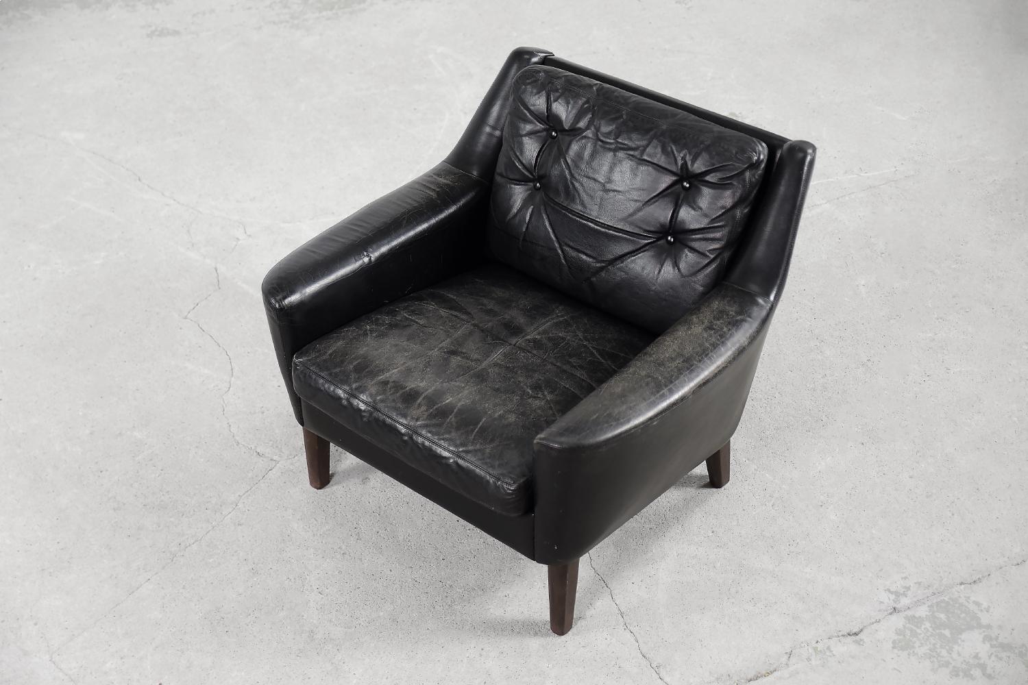 Swedish Vintage Mid-Century Modern Scandinavian Black Leather Living Room Lounge Set