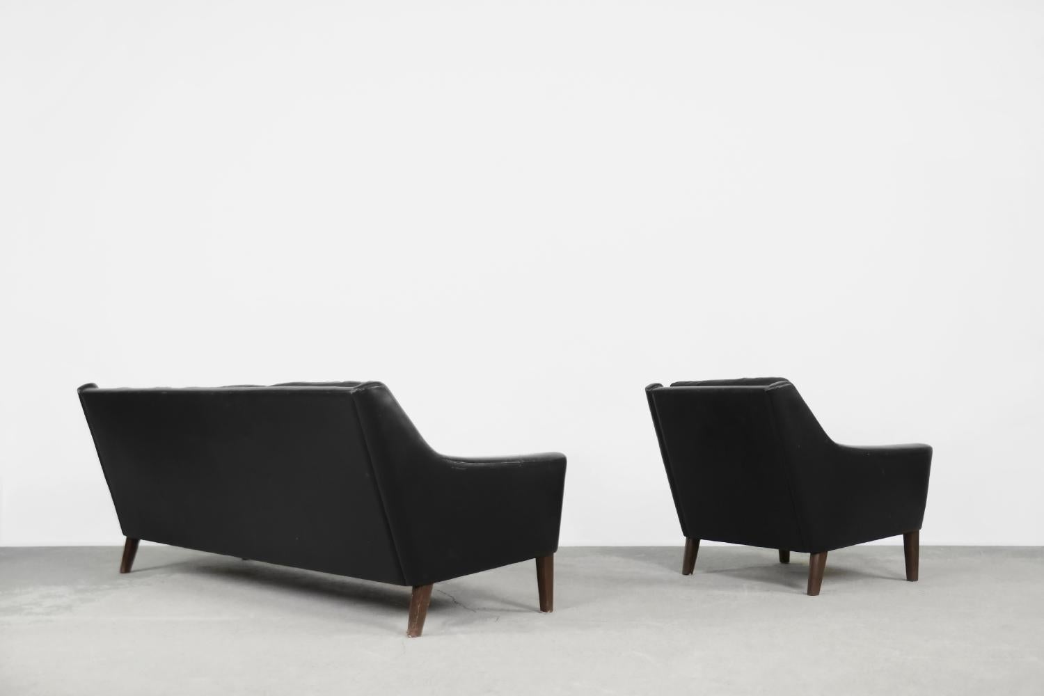 Mid-20th Century Vintage Mid-Century Modern Scandinavian Black Leather Living Room Lounge Set