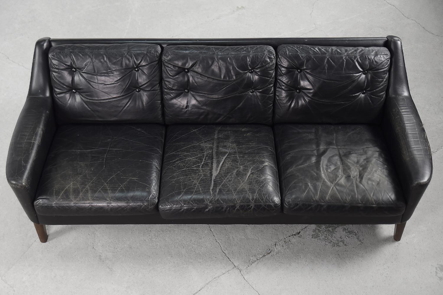 Vintage Mid-Century Modern Scandinavian Black Leather Living Room Lounge Set 1