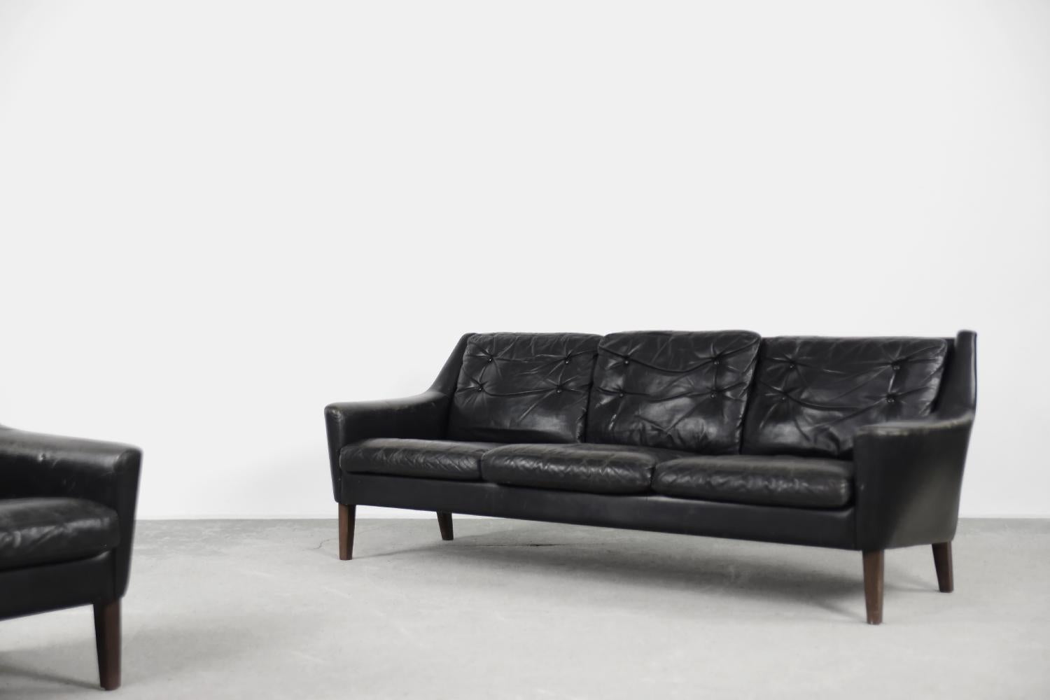 Vintage Mid-Century Modern Scandinavian Black Leather Living Room Lounge Set 2