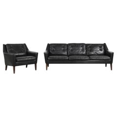 Retro Mid-Century Modern Scandinavian Black Leather Living Room Lounge Set